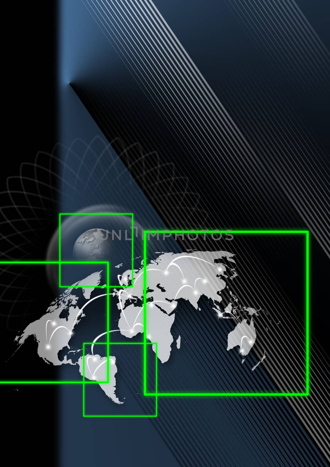 Blue and black background with map globe, global business connection