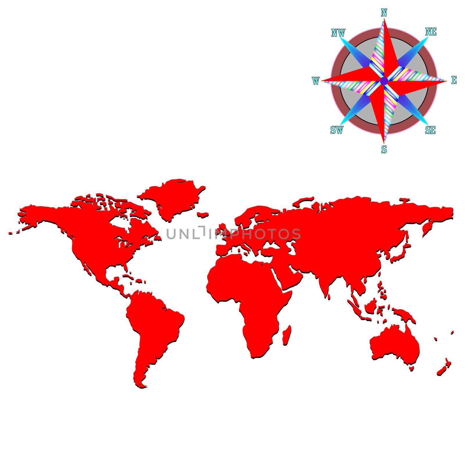 red world map with wind rose, vector art illustration