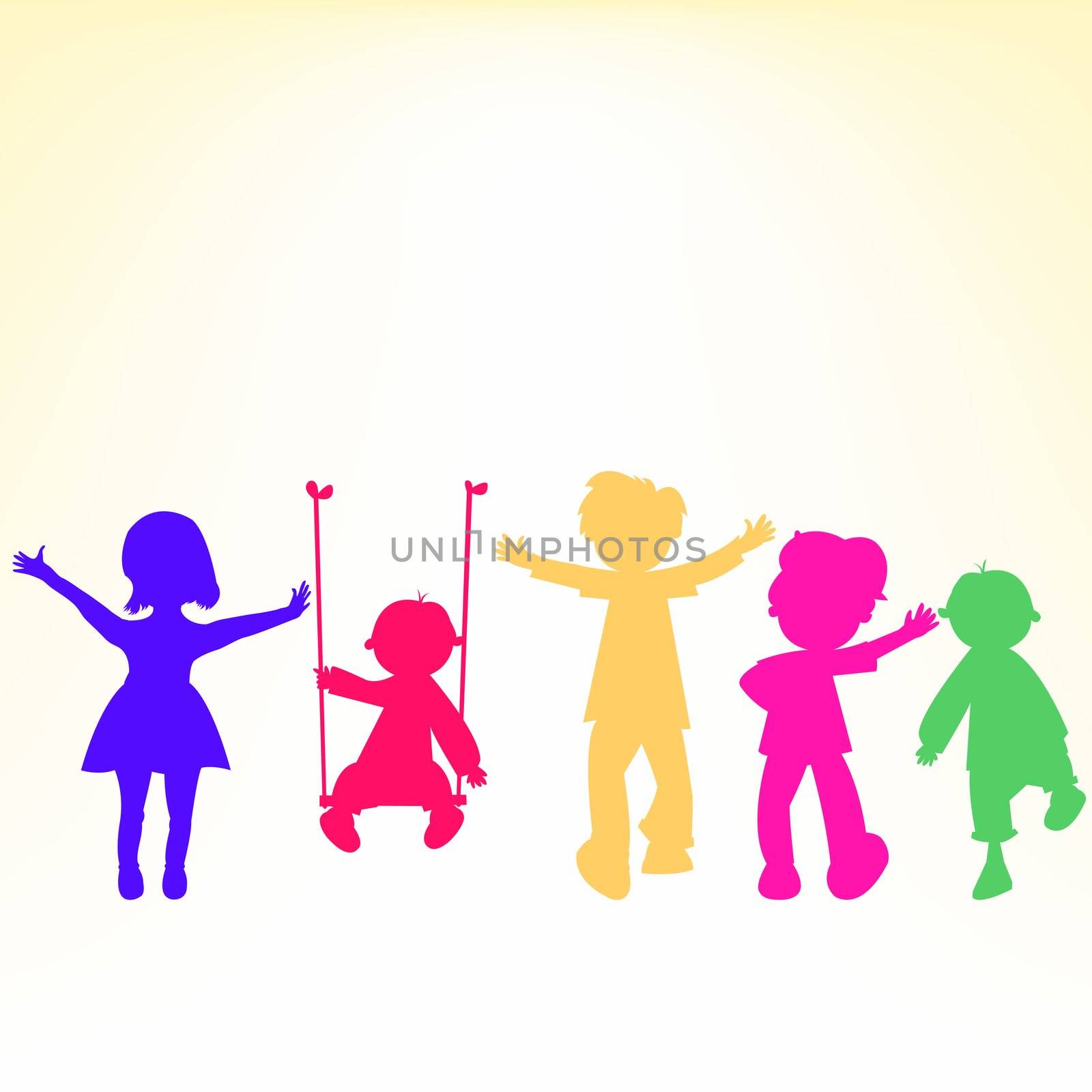 retro little kids silhouettes over shiny background, abstract art illustration