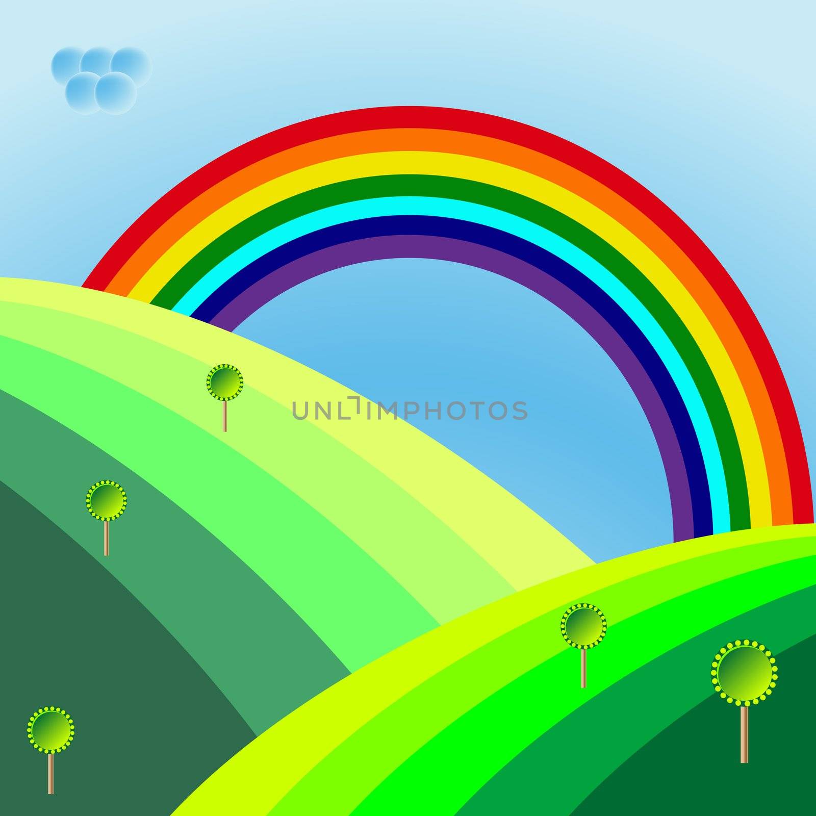 retro landscape with trees and rainbow, abstract vector art illustration