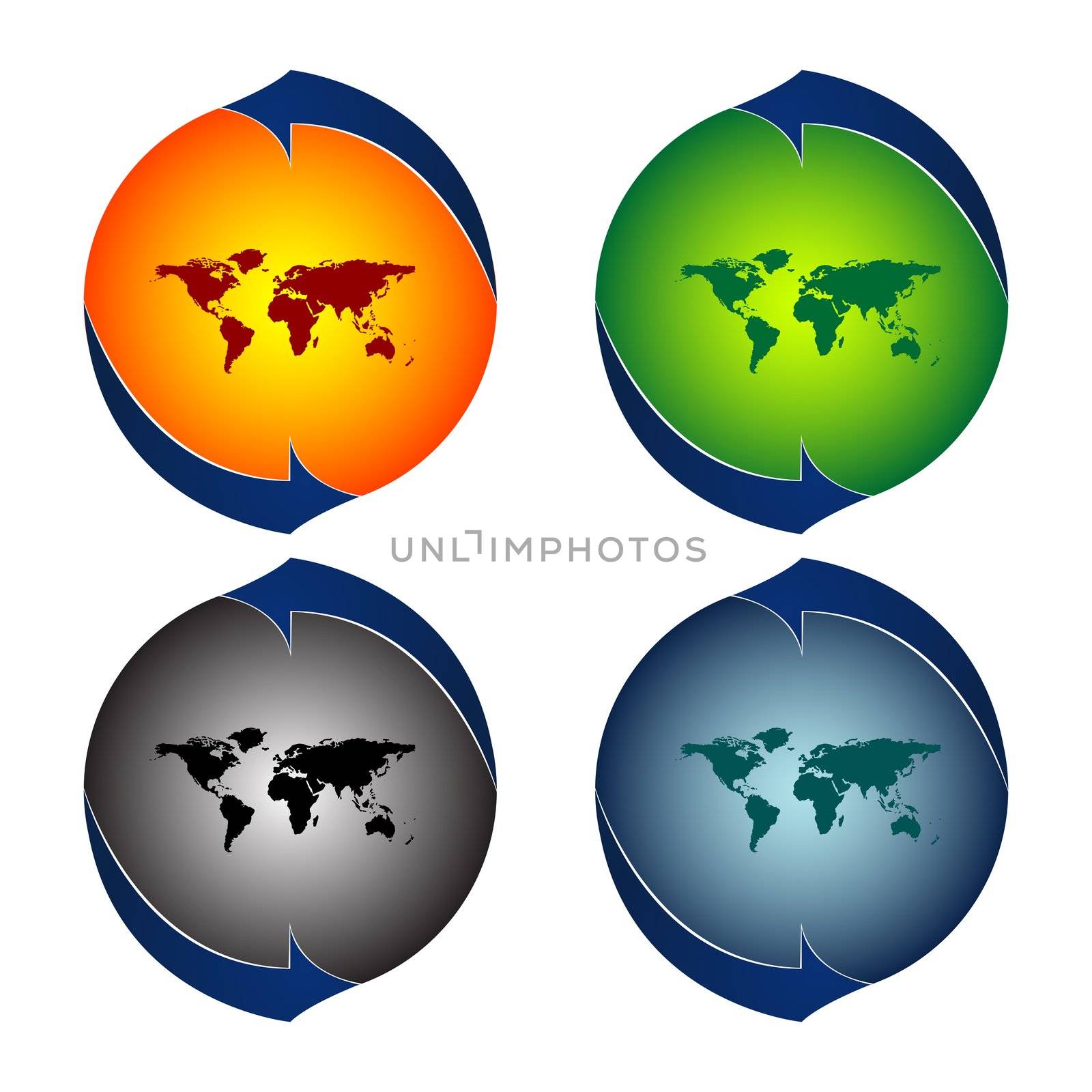 round logos with world map against white background, abstract vector art illustration