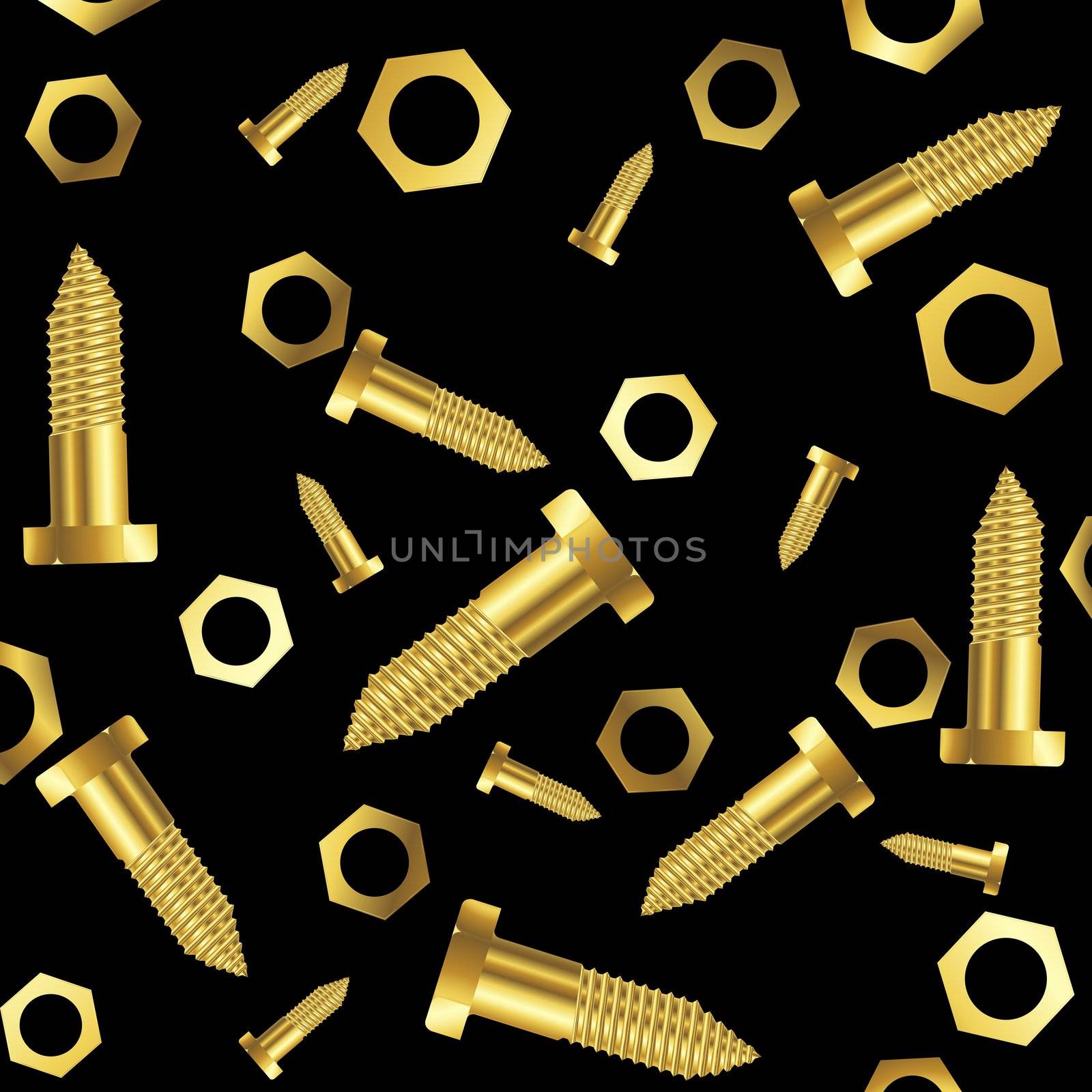 screws and nuts composition over black background, abstract art illustration