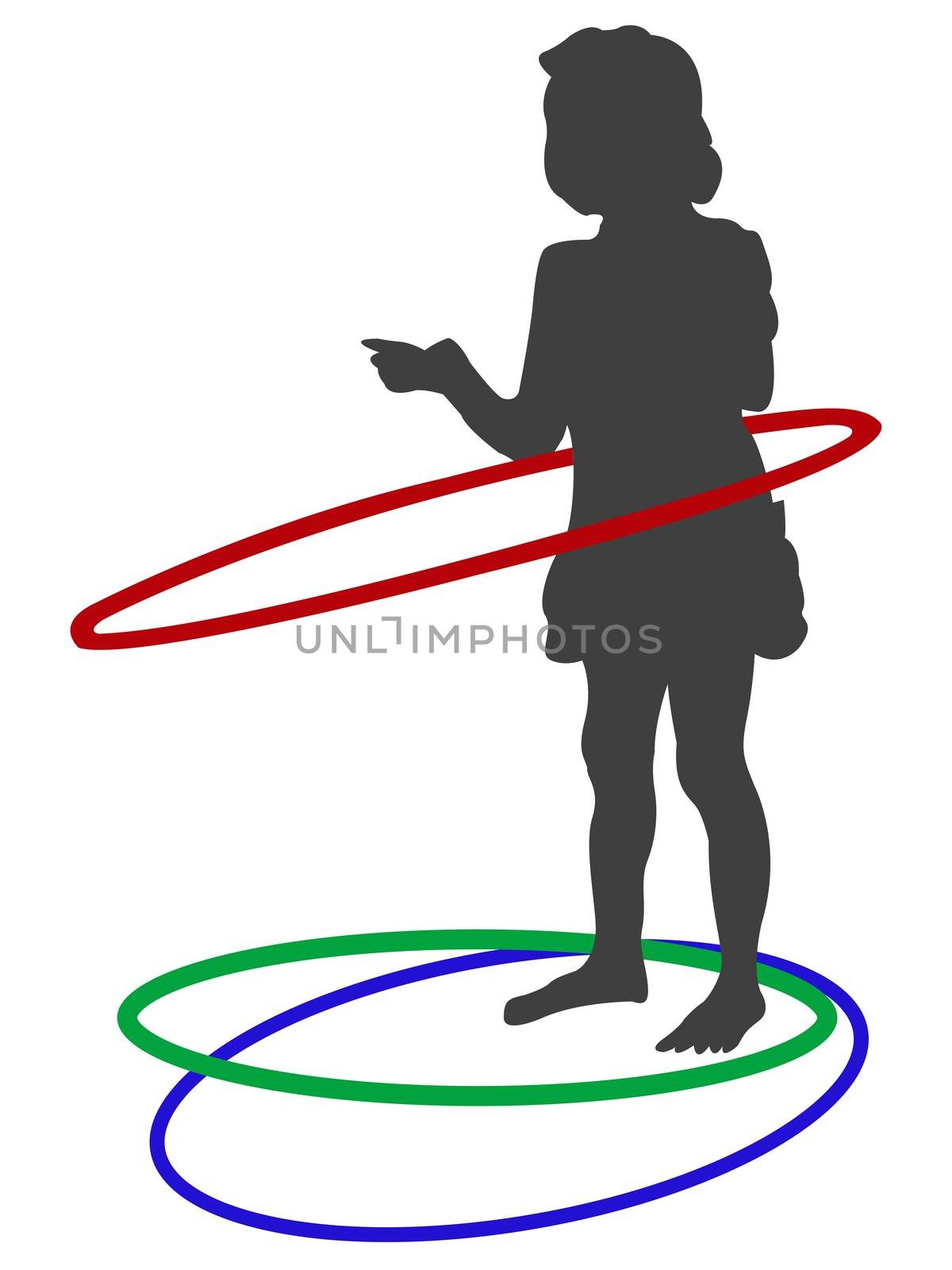 silhouette of girl playing with circles against white background, abstract vector art illustration