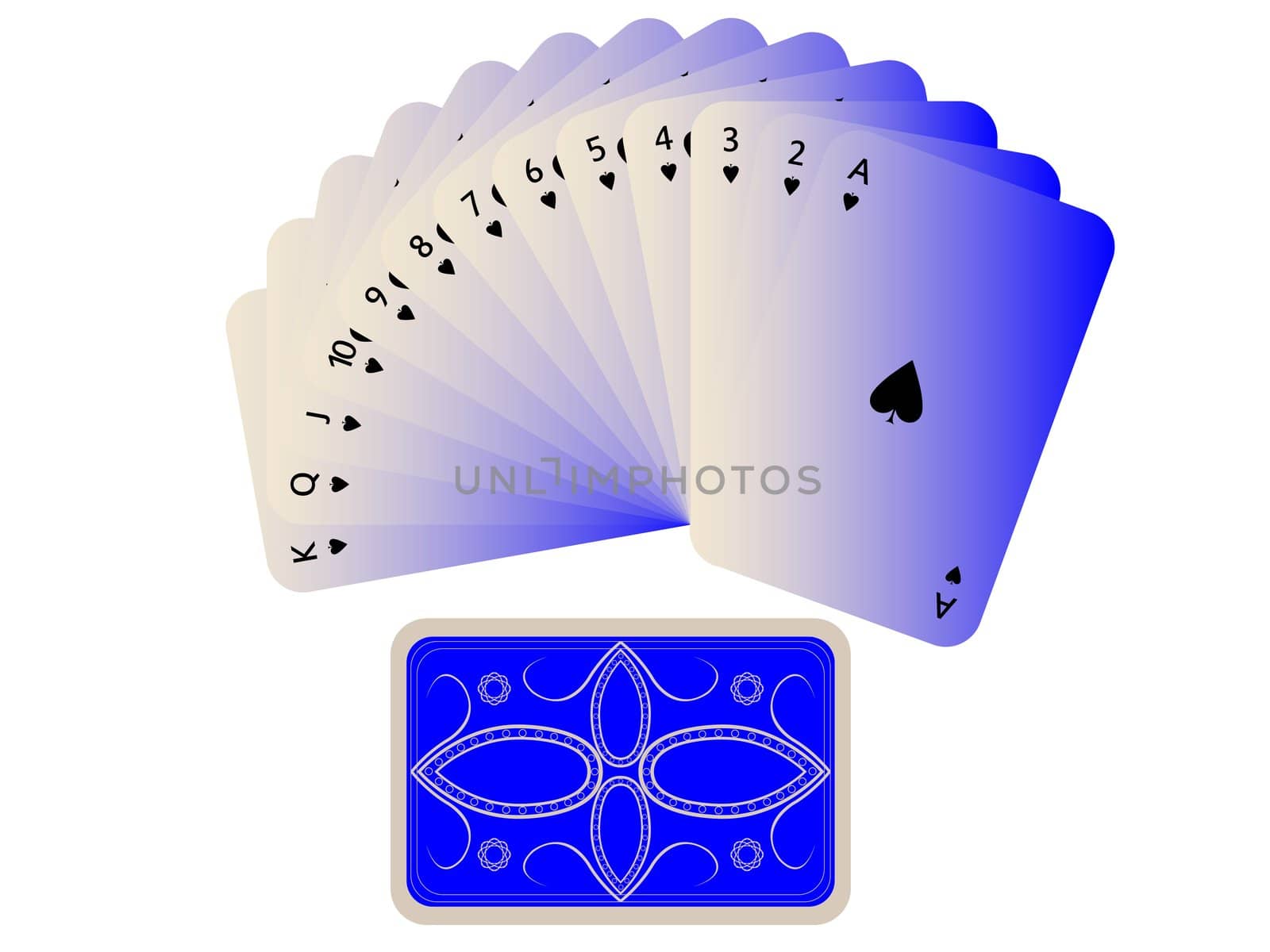 spades cards fan with deck isolated on white, abstract art illustration