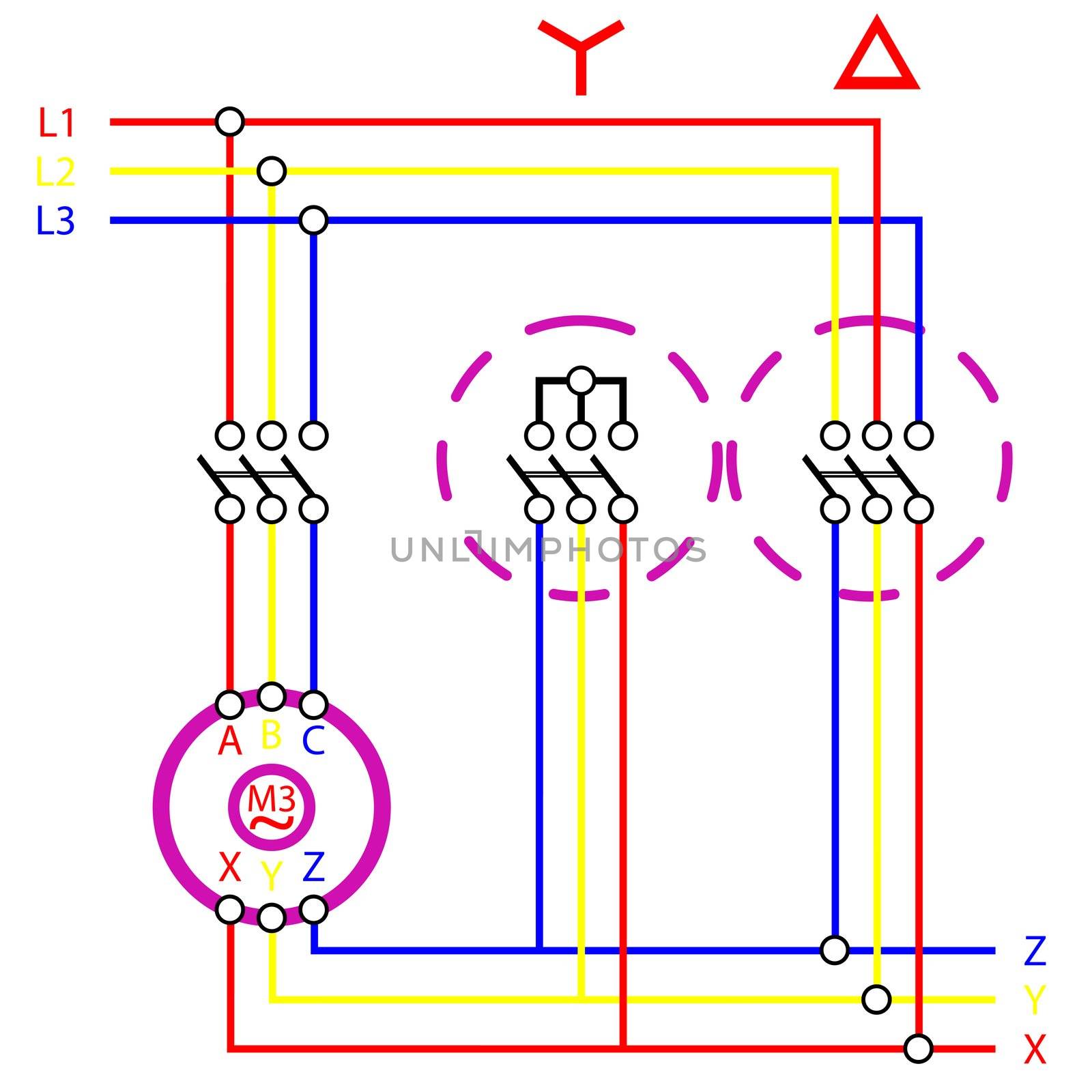 star delta electrical connection sketch, abstract vector art illustration