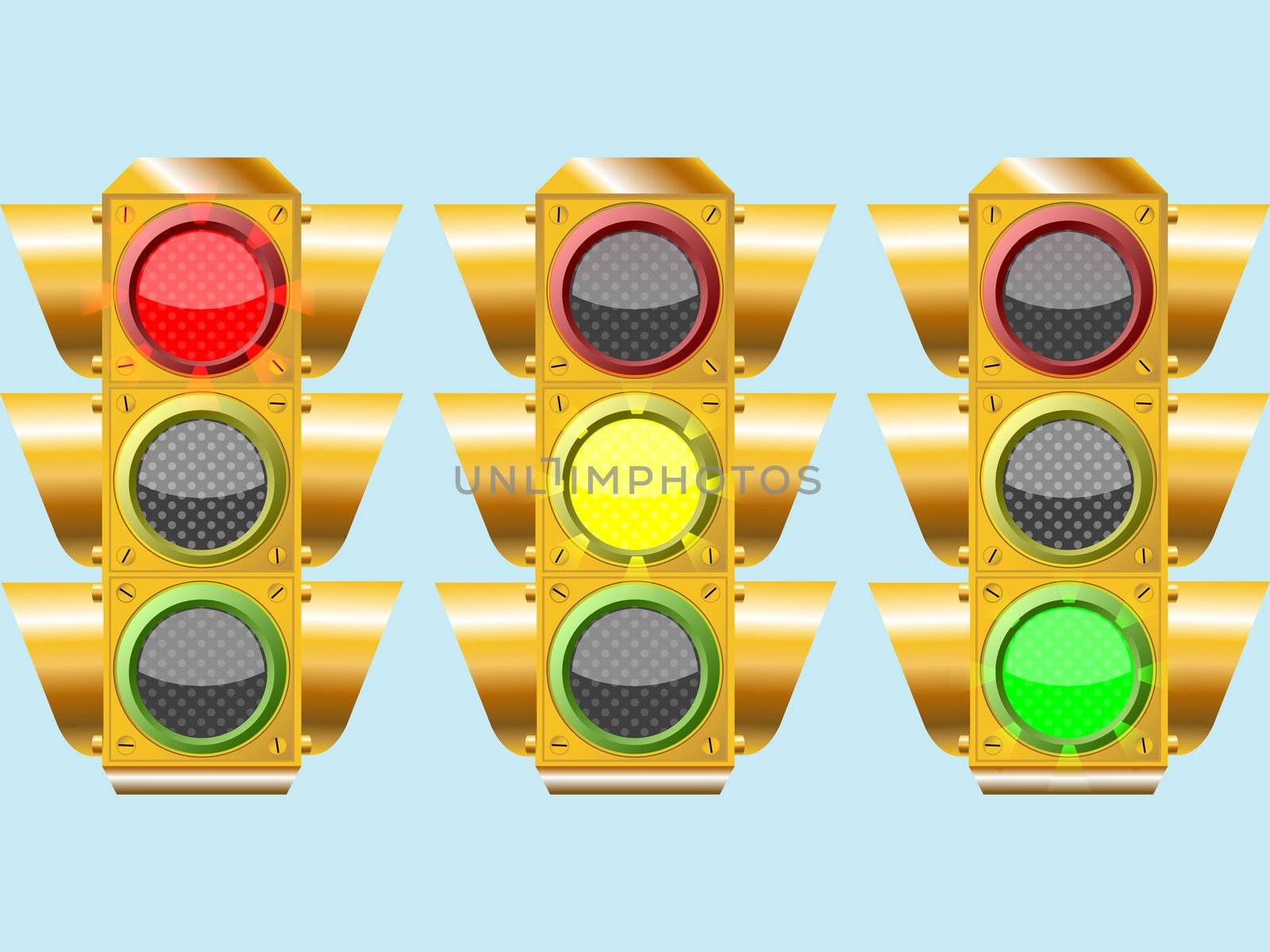 three different traffic lights, abstract composition over sky color background; vector art illustration