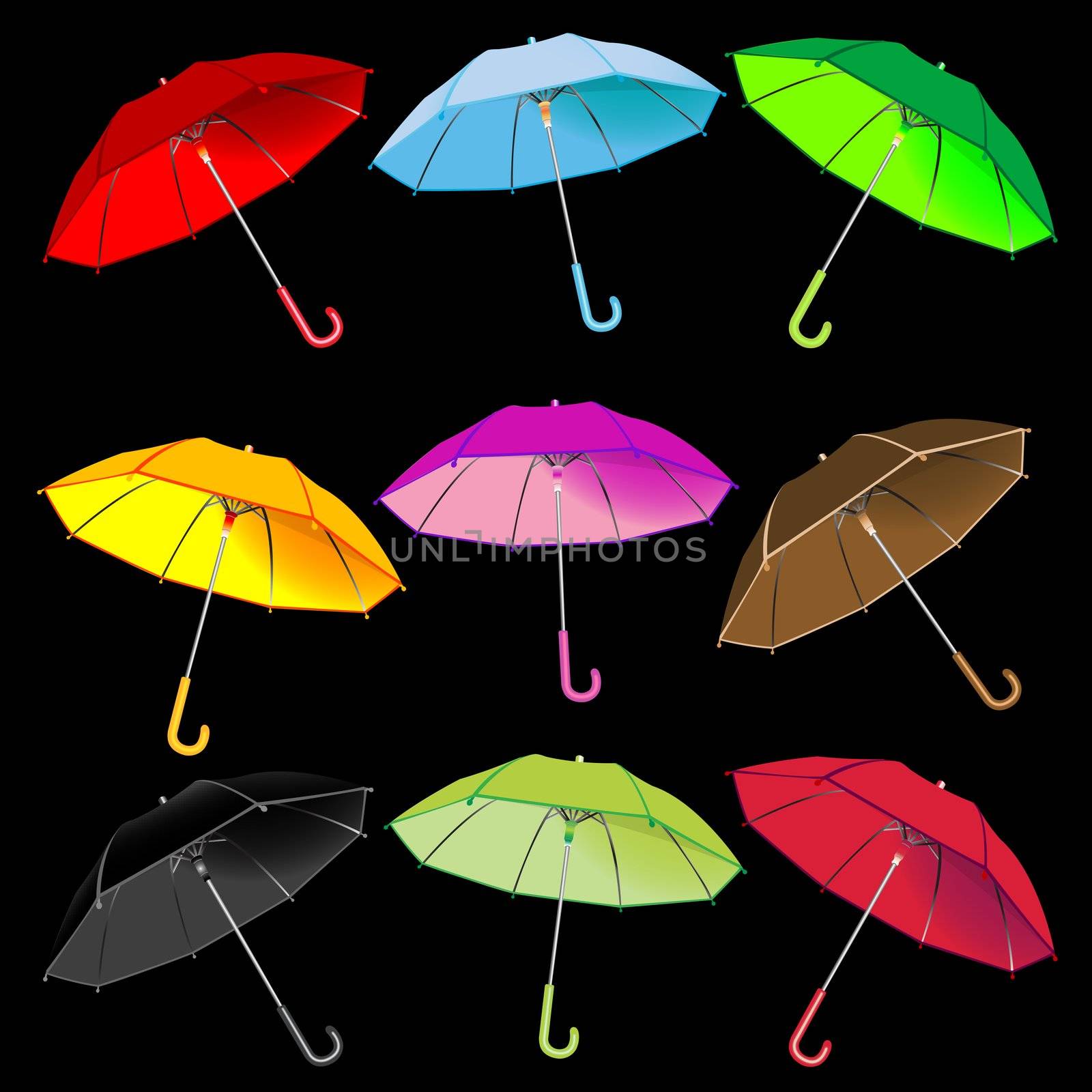 umbrellas collection against black background, abstract vector art illustration