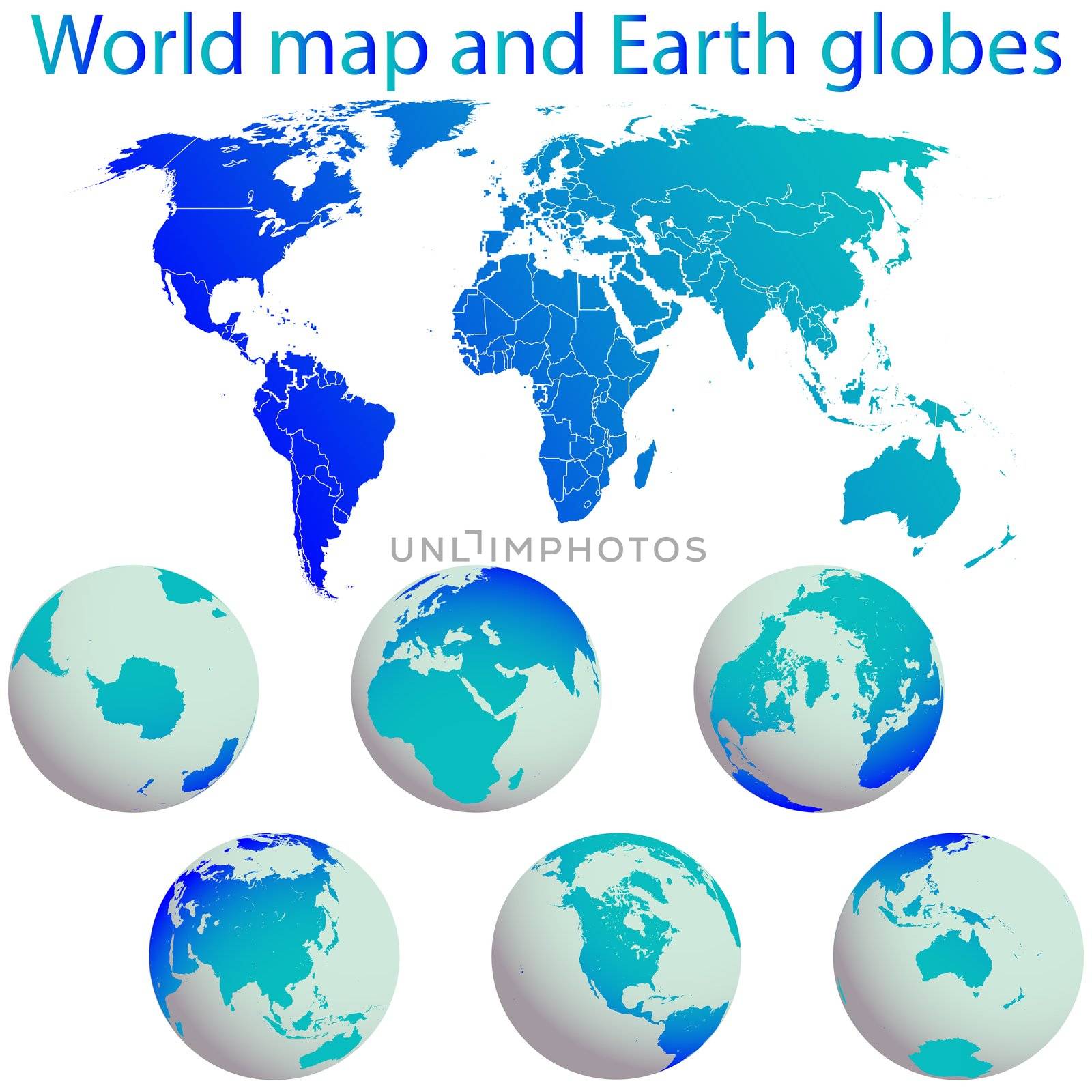 world map and earth globes against white background, abstract vector art illustration