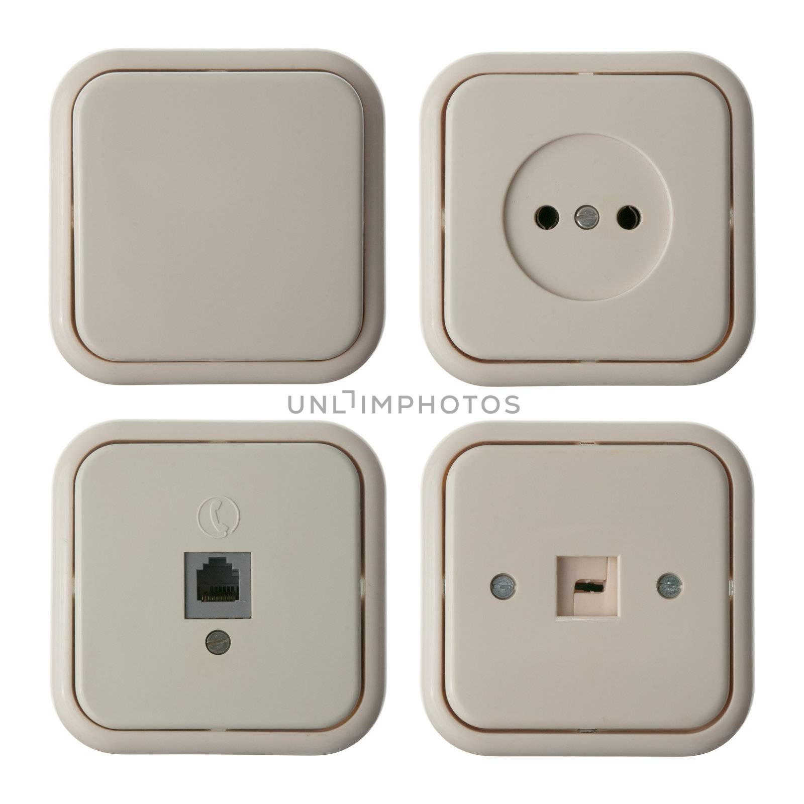 Four wall mounted electrical plates isolated on white background. Plug, switch, TV and phone.