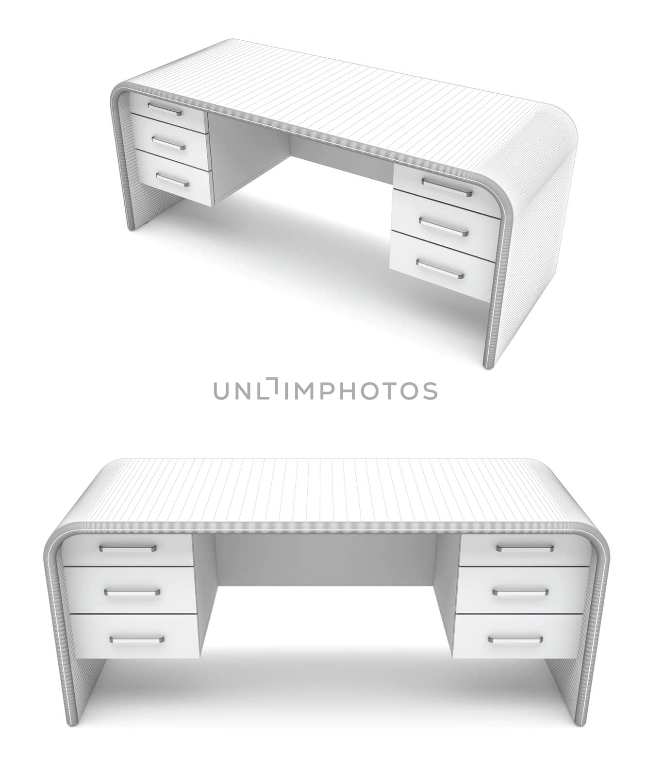 3d render of desk with wire-frame, two different views