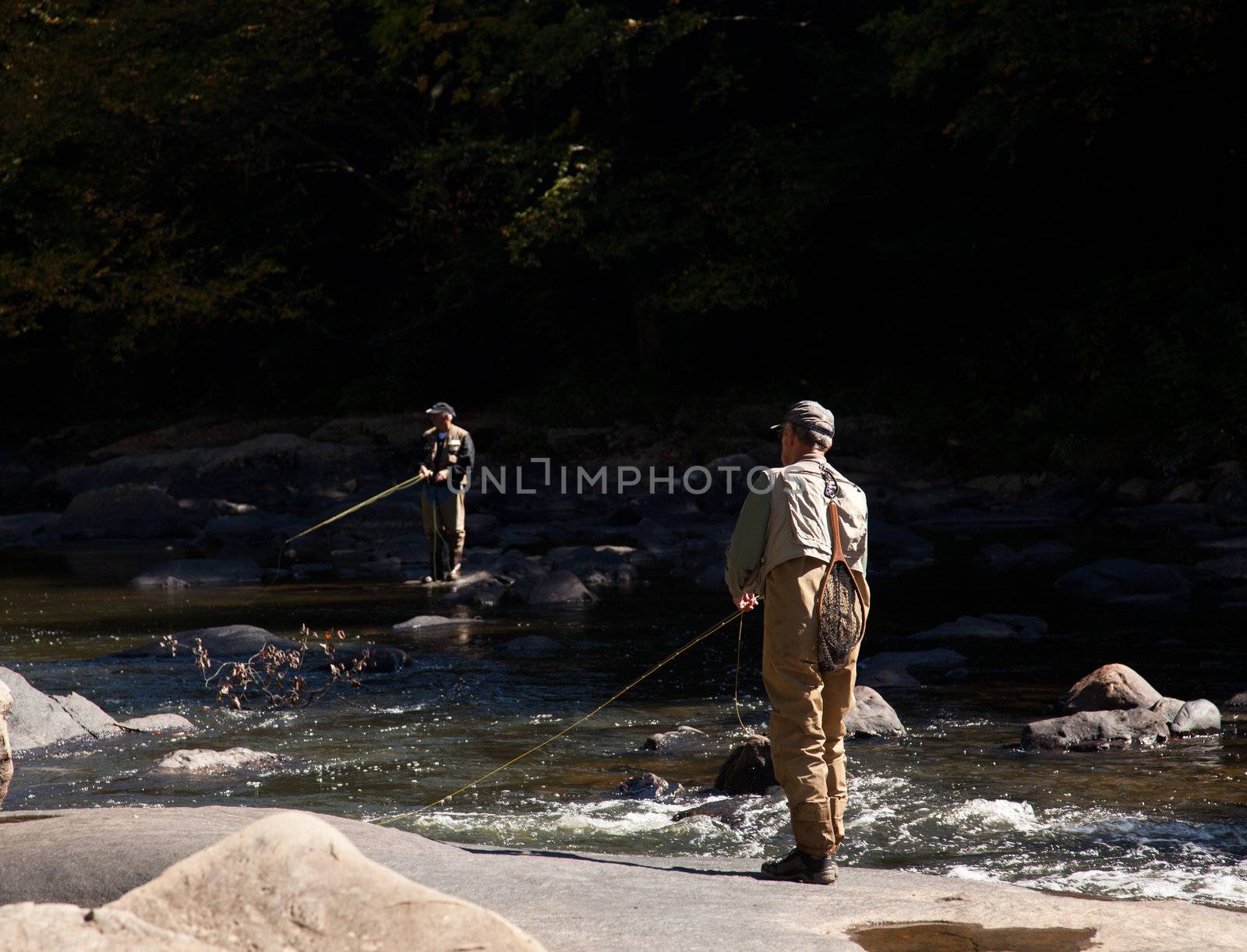 Fishing in Swallow Falls State Park in Maryland in rapid river