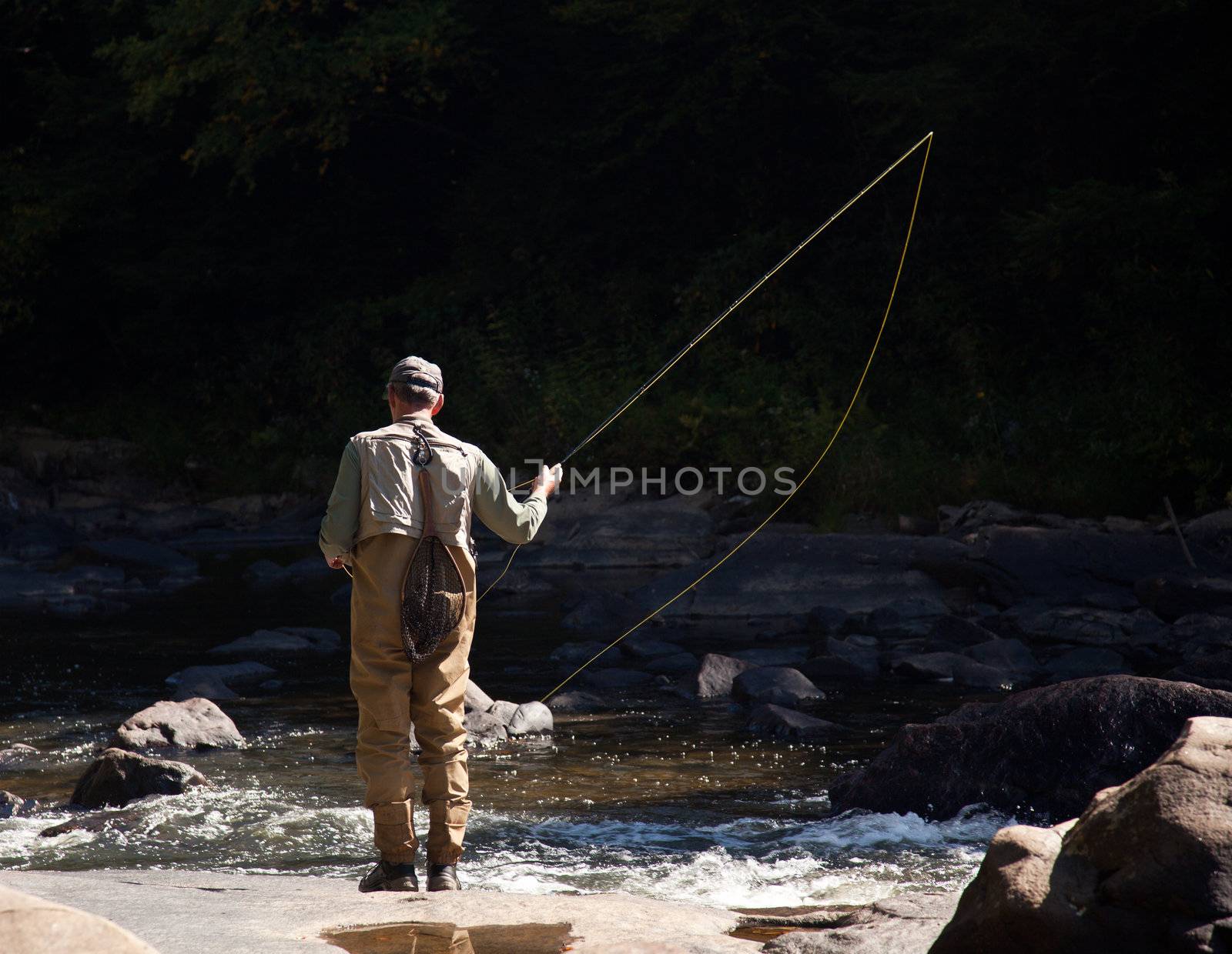 Fishing in Swallow Falls State Park in Maryland in rapid river