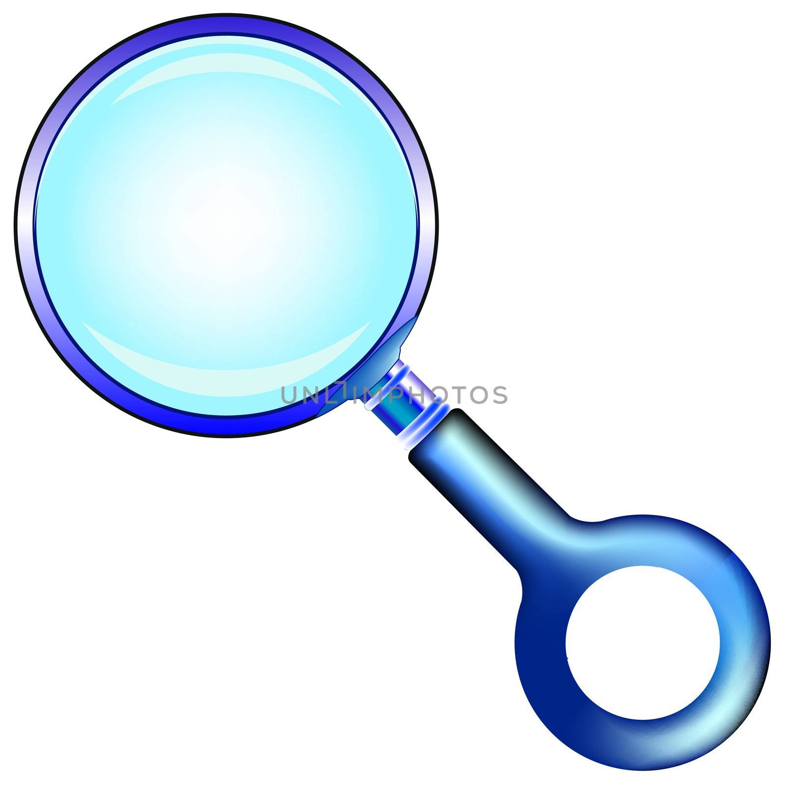 blue magnifying glass against white background; abstract vector art illustration