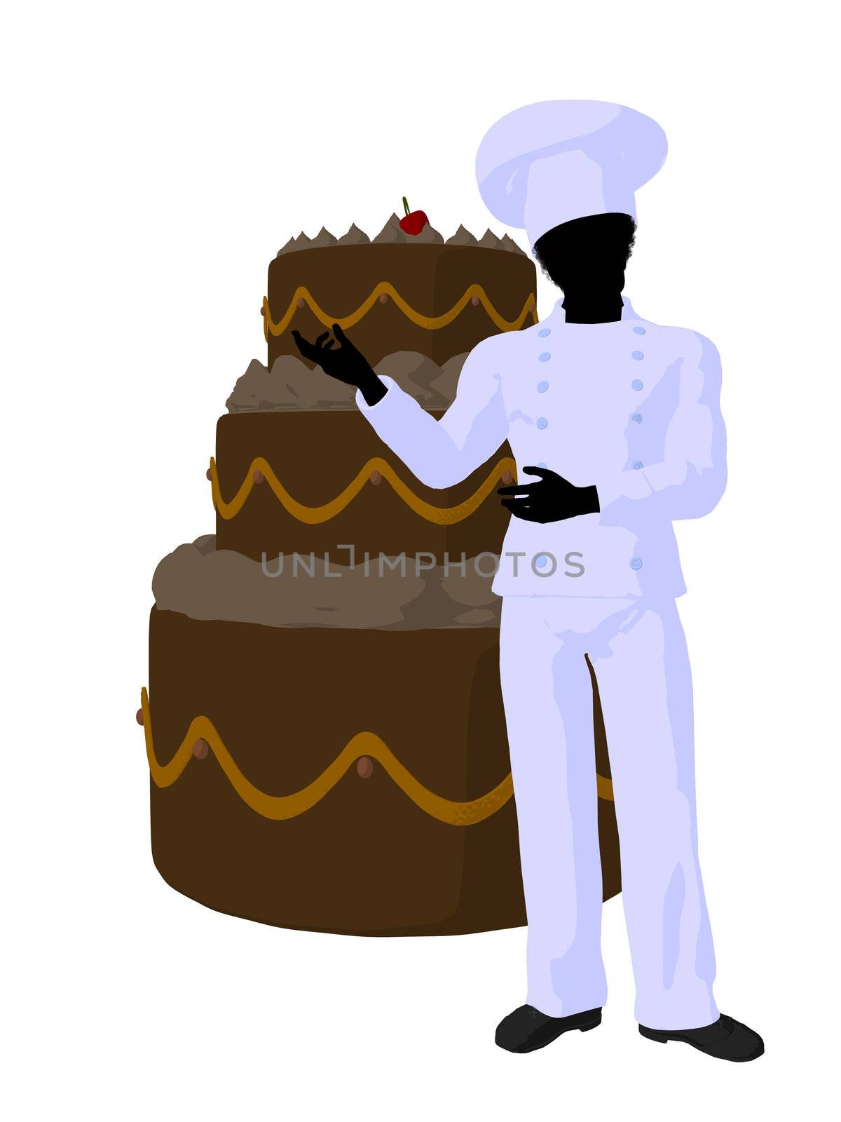 African american chef with a large cake silhouette on a white background