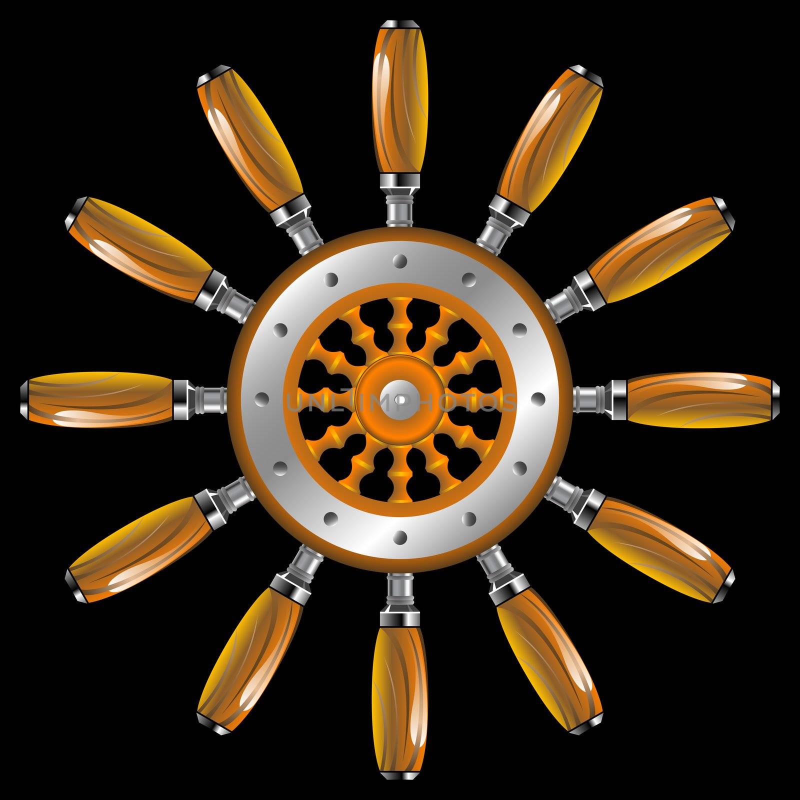 ship wheel against black background, abstract vector art illustration