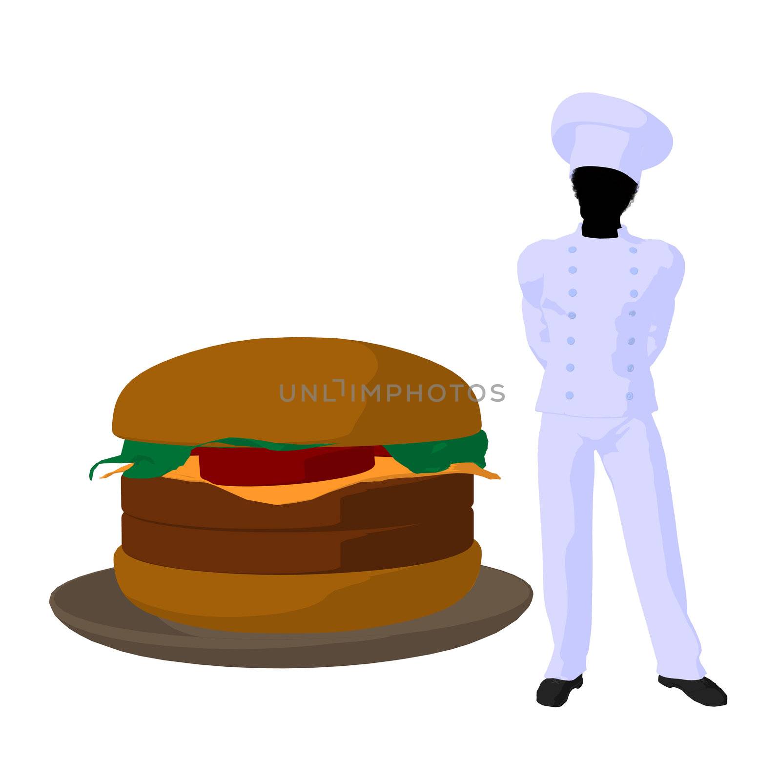 African american chef and a hamburger silhouette on a white background