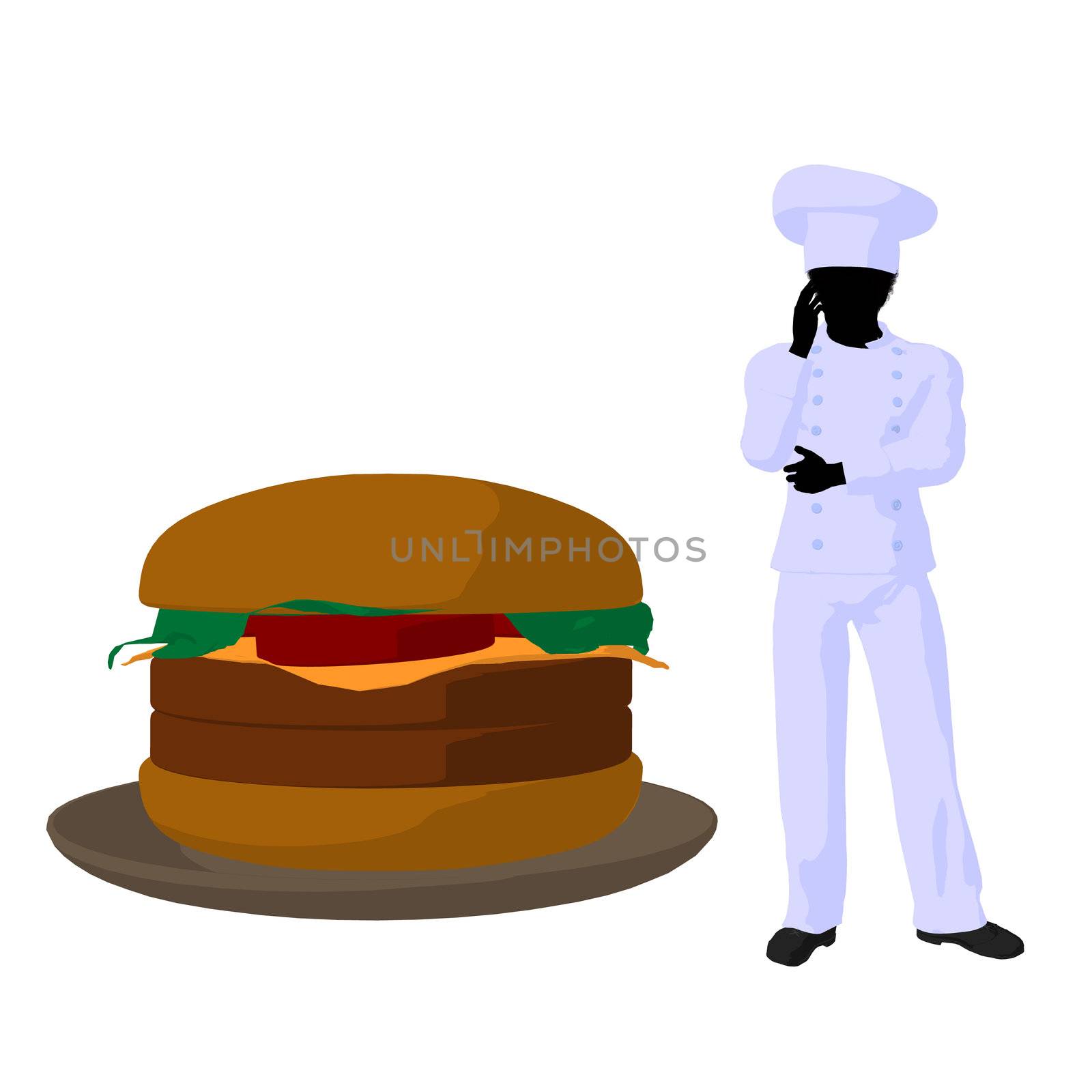 African american chef and a hamburger silhouette on a white background