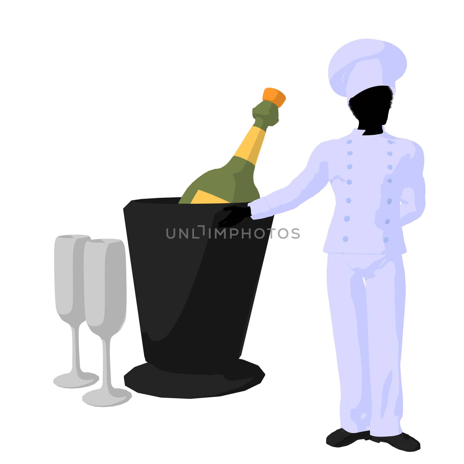 African american chef and champagne silhouette on a white background