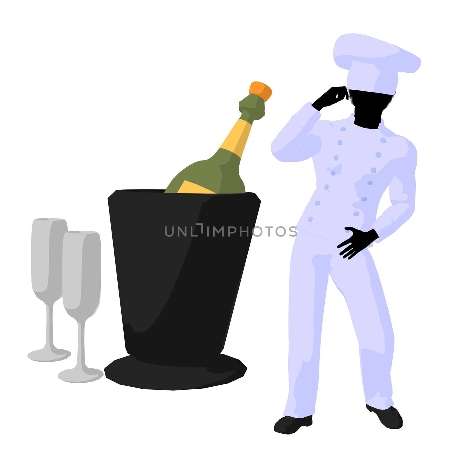 African american chef and champagne silhouette on a white background