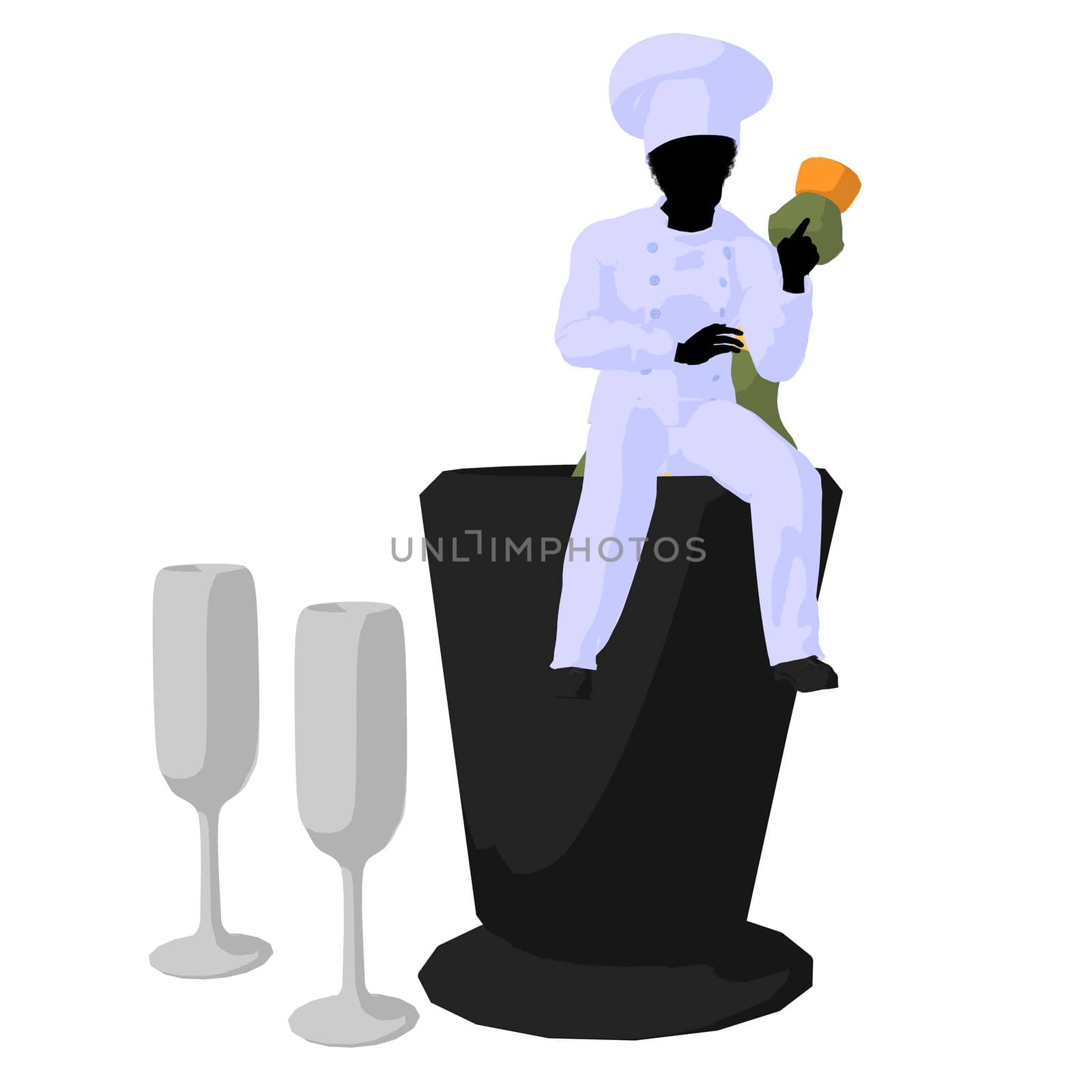 African american chef and champagne silhouette on a white background