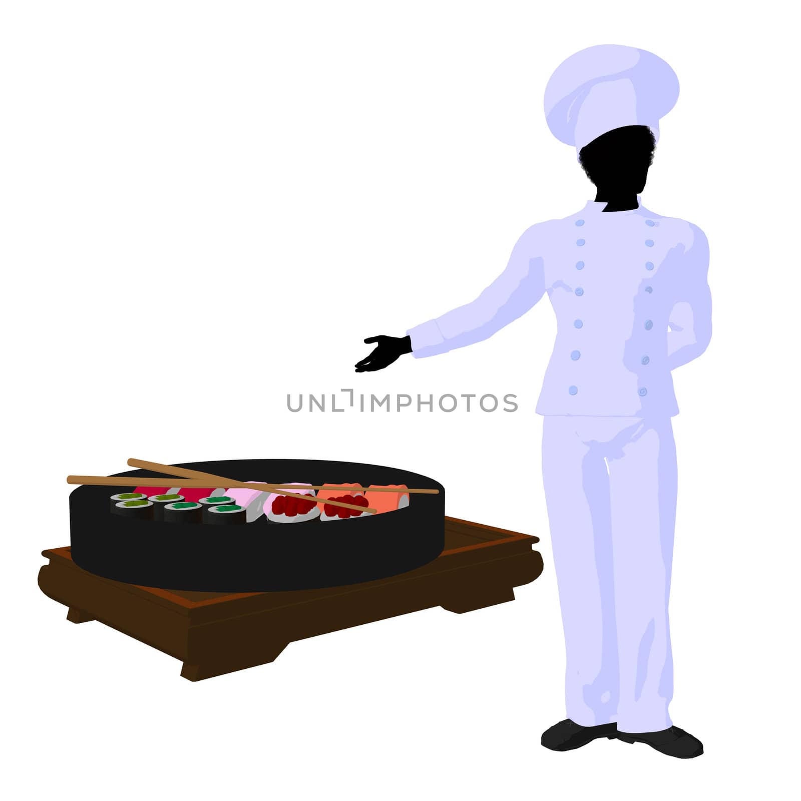 African american chef with sushi silhouette on a white background