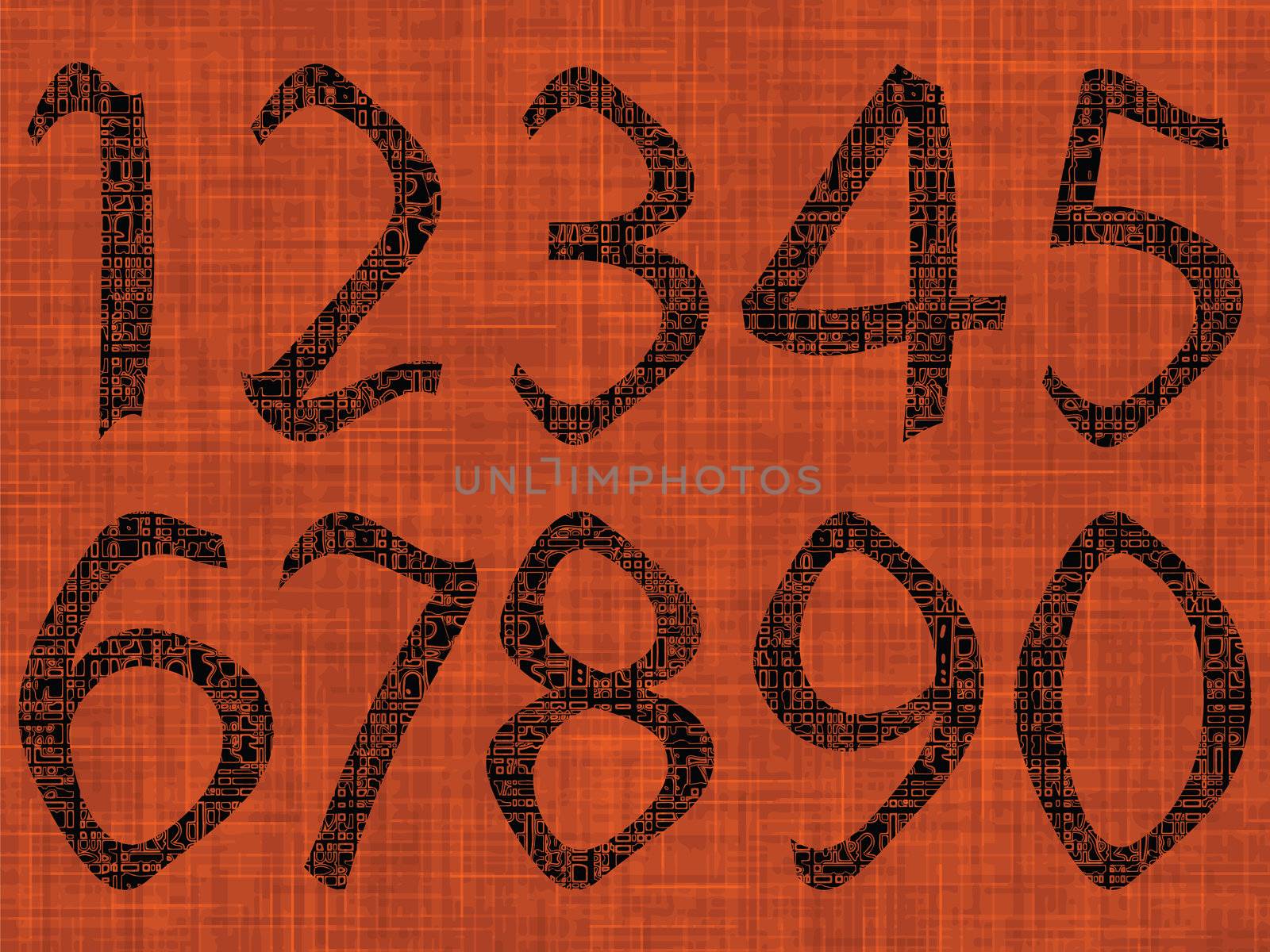 astract numbers over orange texture, vector art illustration