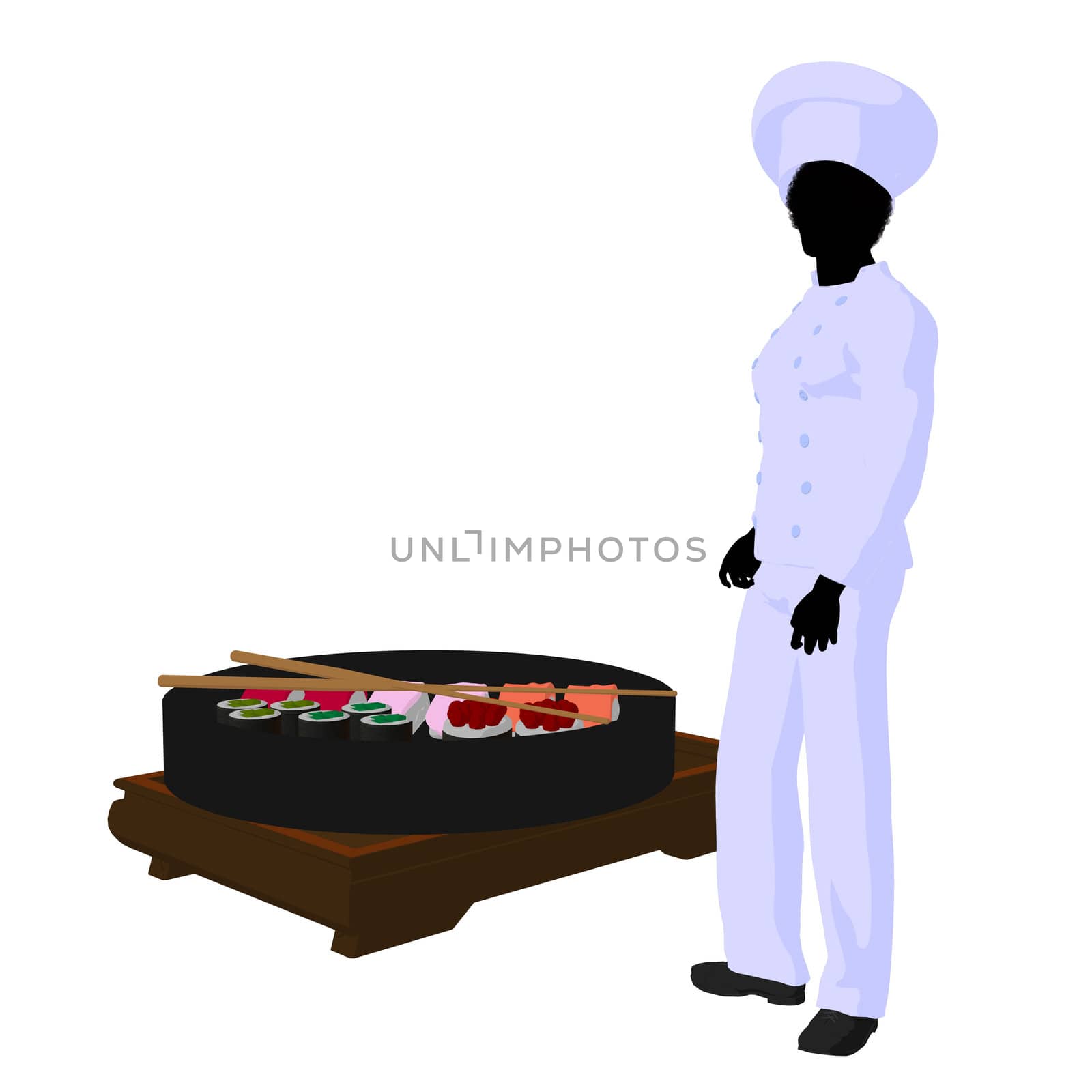 African american chef with sushi silhouette on a white background