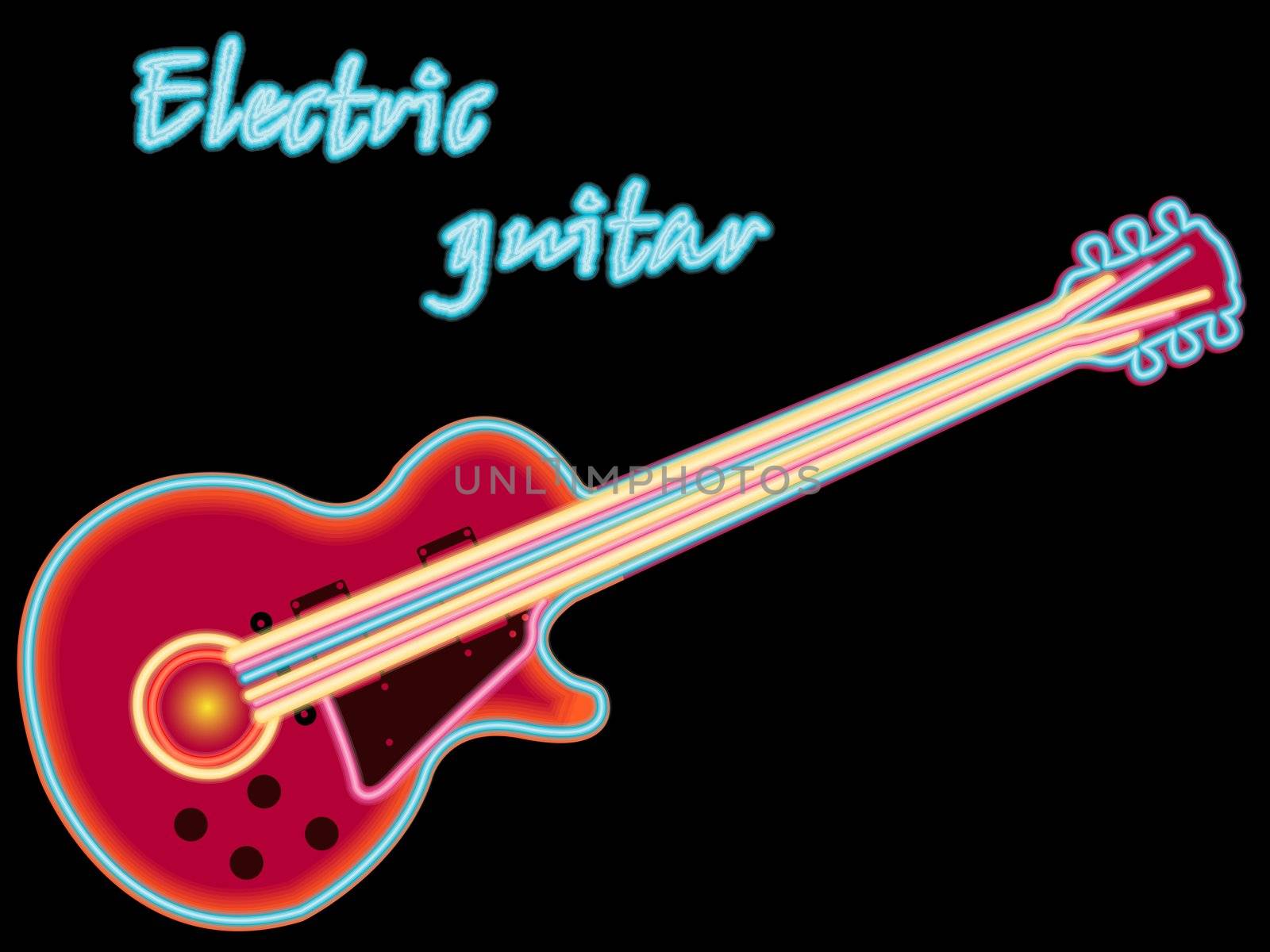 electric neon guitar against black background, abstract vector art illustration