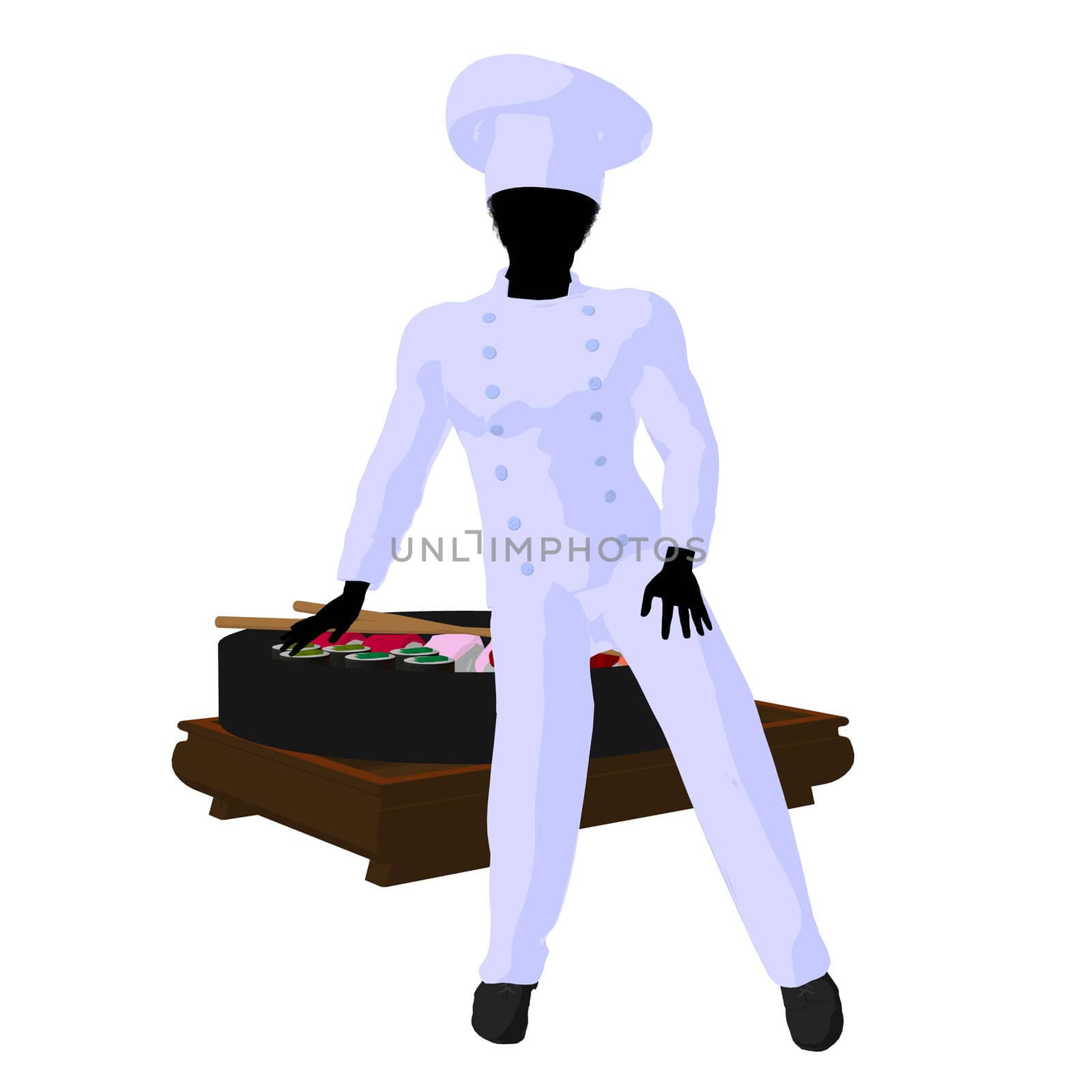 African american chef with sushi silhouette on a white background