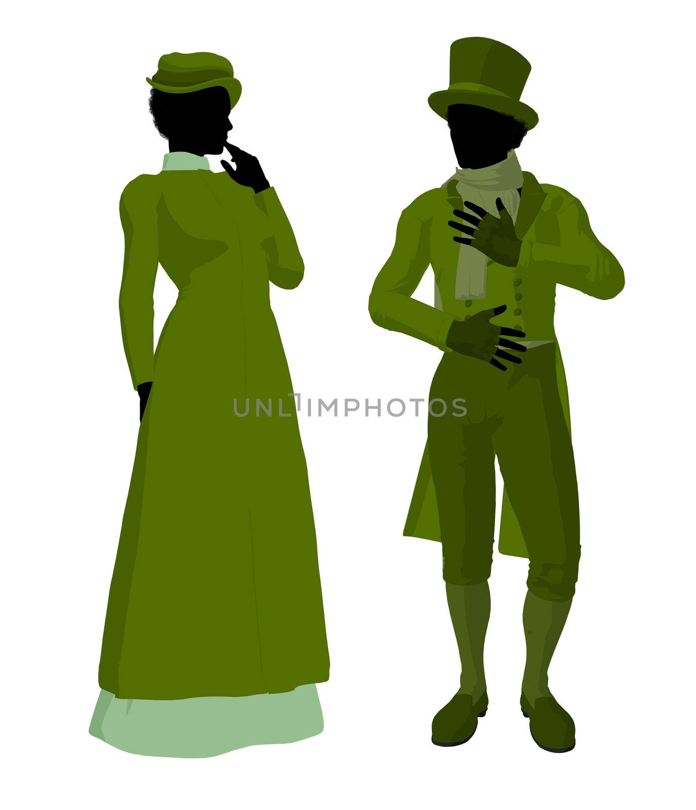 Victorian woman talking to a man silhouette on a white background