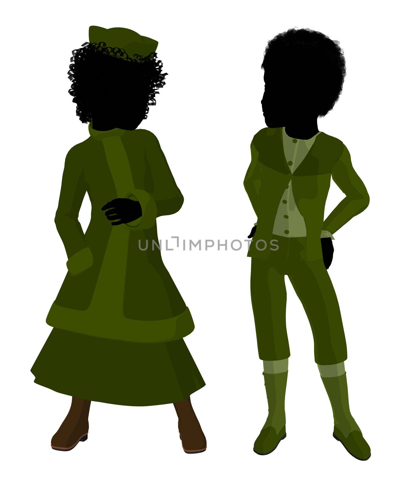 Victorian girl talking to a boy silhouette on a white background