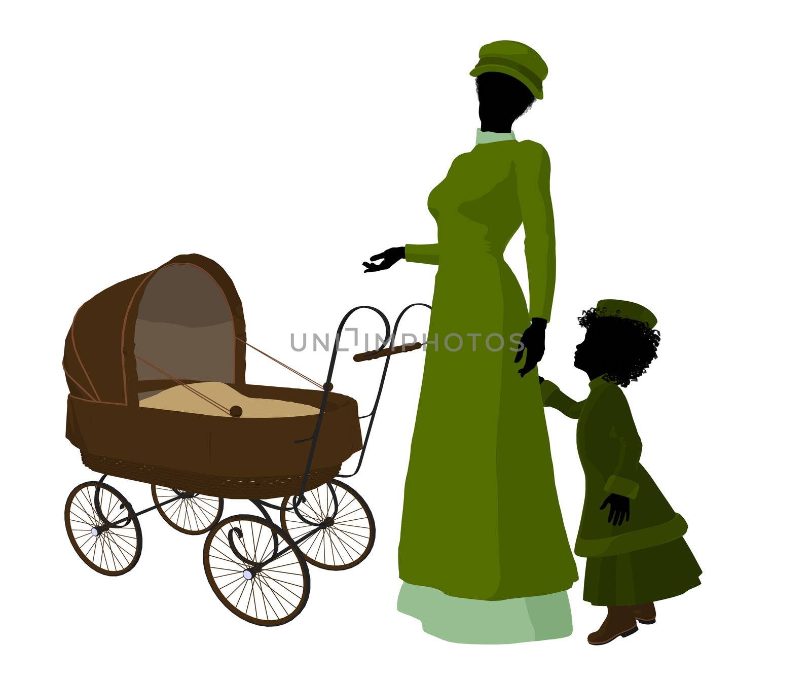 Victorian mother and child silhouette on a white background