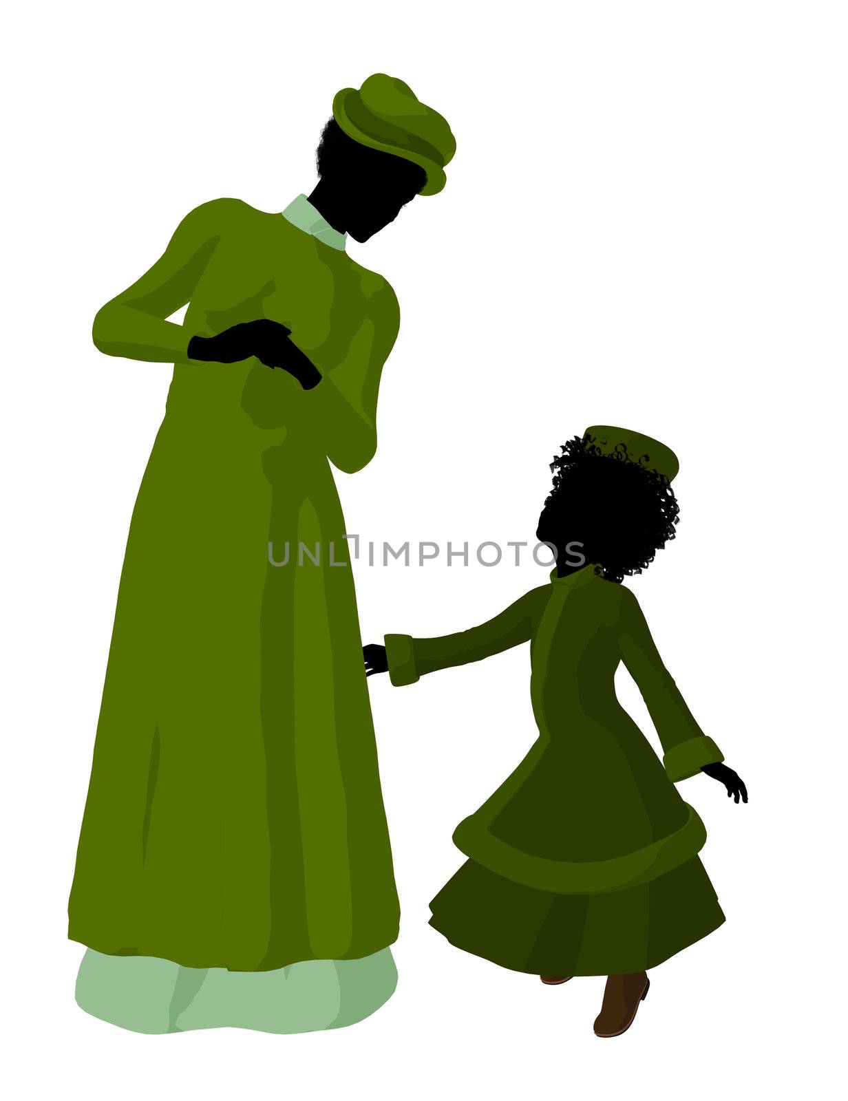 Victorian mother and child silhouette on a white background
