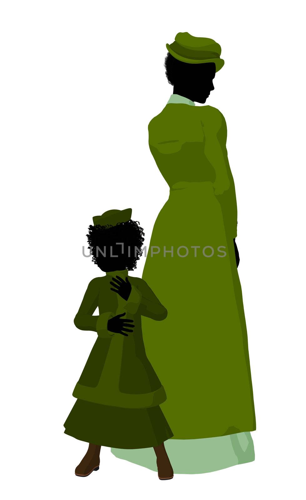 Victorian mother and child silhouette on a white background