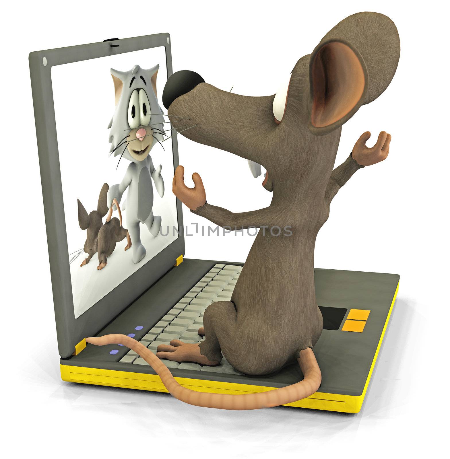 3d render of an afraid mouse on a laptop