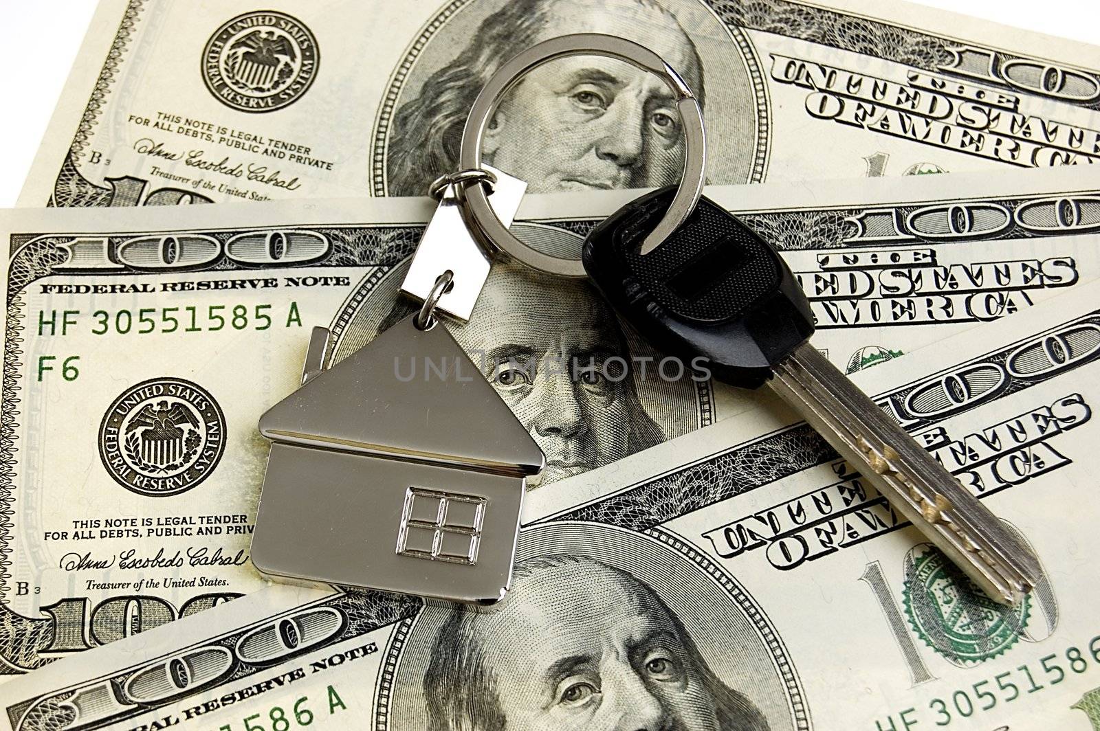 Real estate concept - keys on stack of dollars