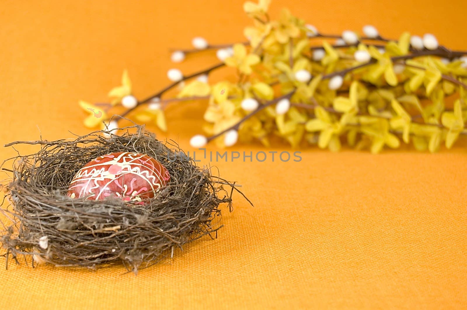 Nest with easter egg over orange background.