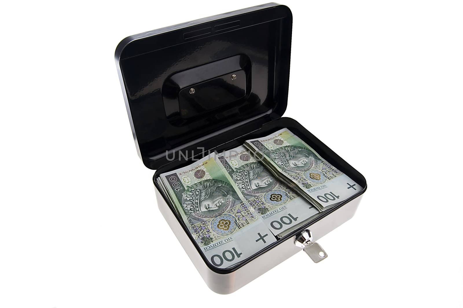 polish zlotys in black cash box isolated on white