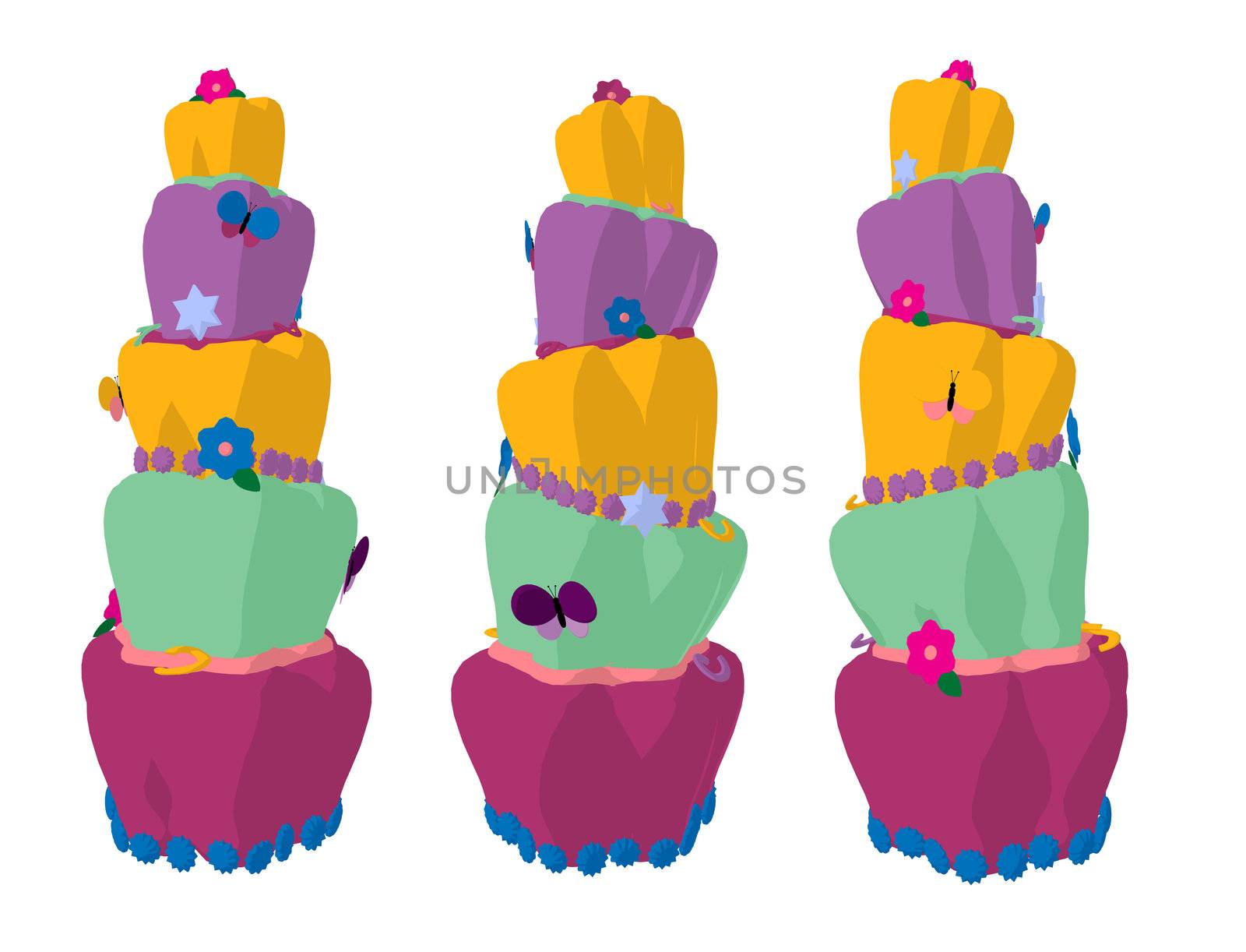 Three big colorful cakes on a white background