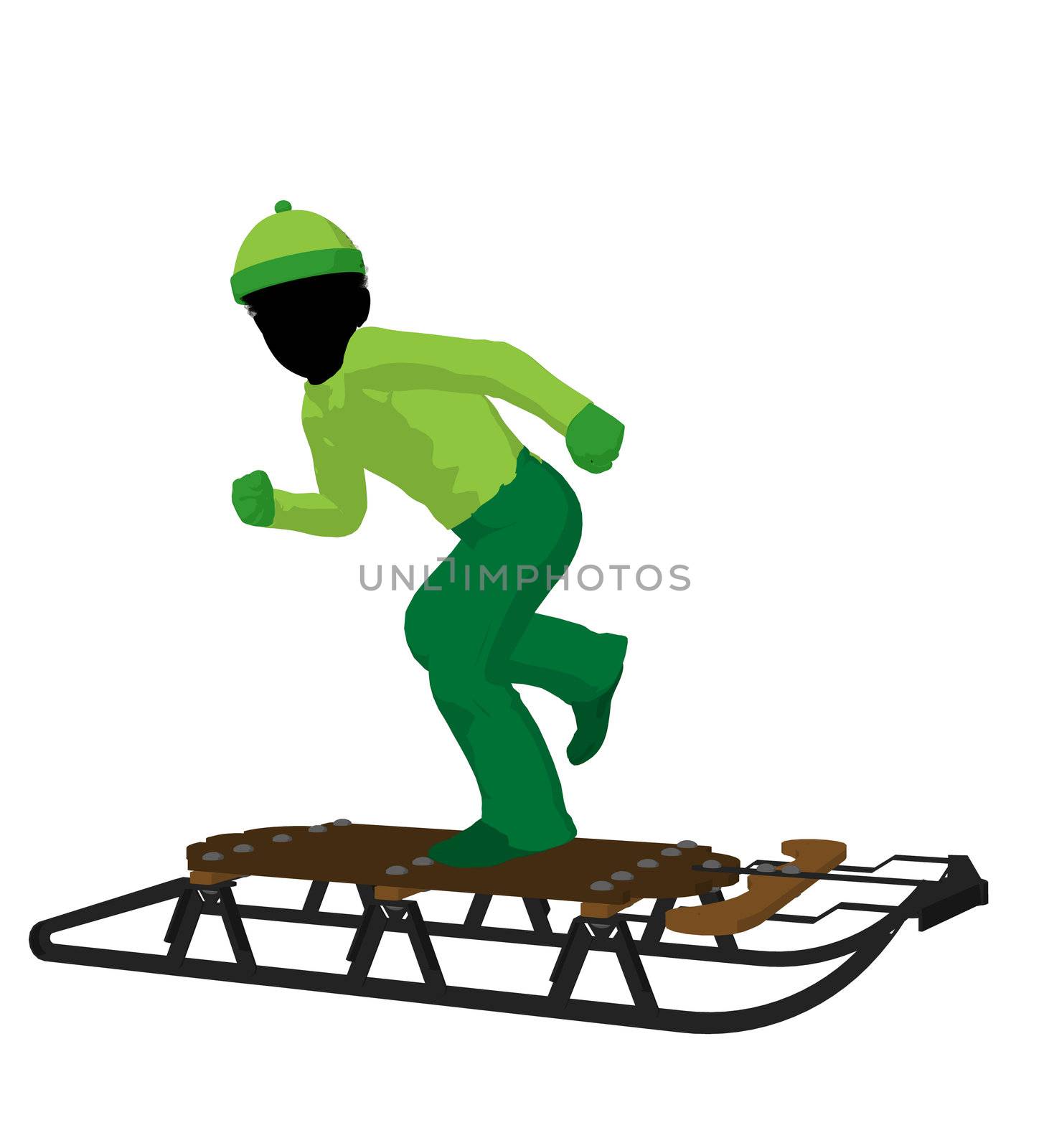 African american boy on a sled silhouette on a white background