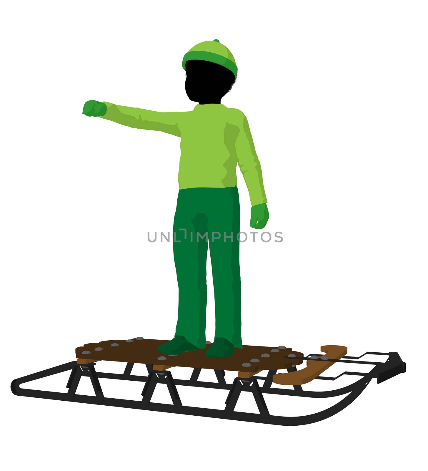 African american boy on a sled silhouette on a white background