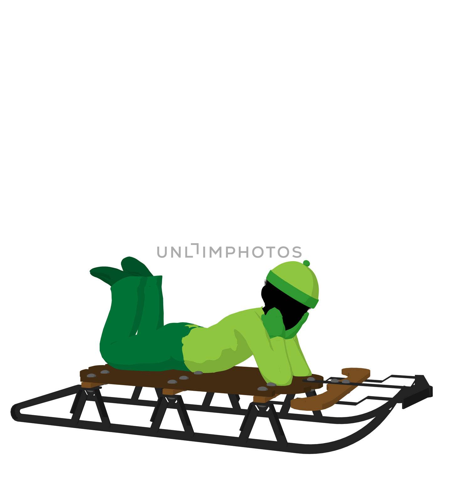 African american boy on a sled silhouette on a white background