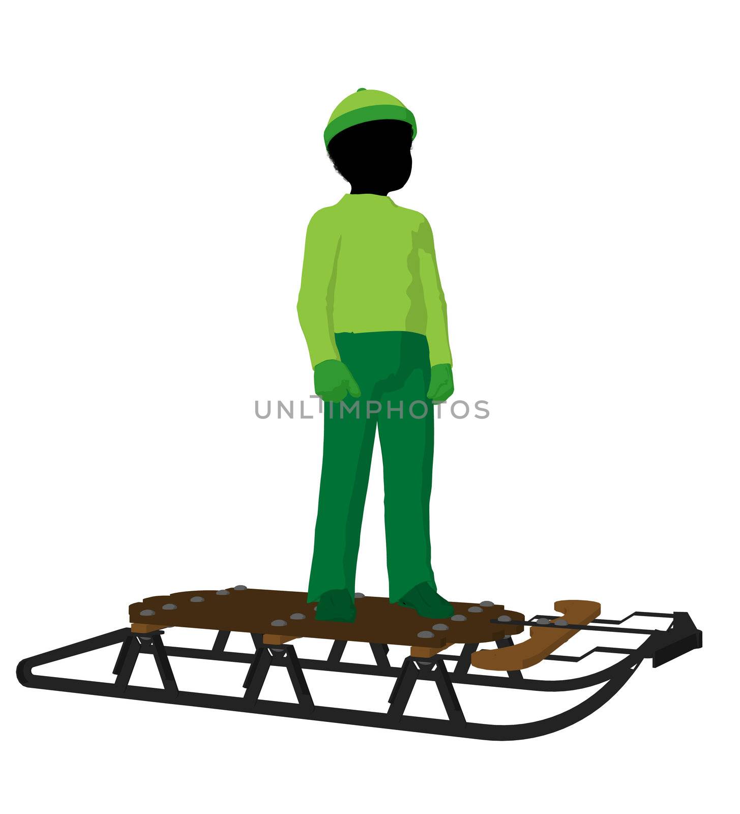 African american boy on a sled silhouette on a white background