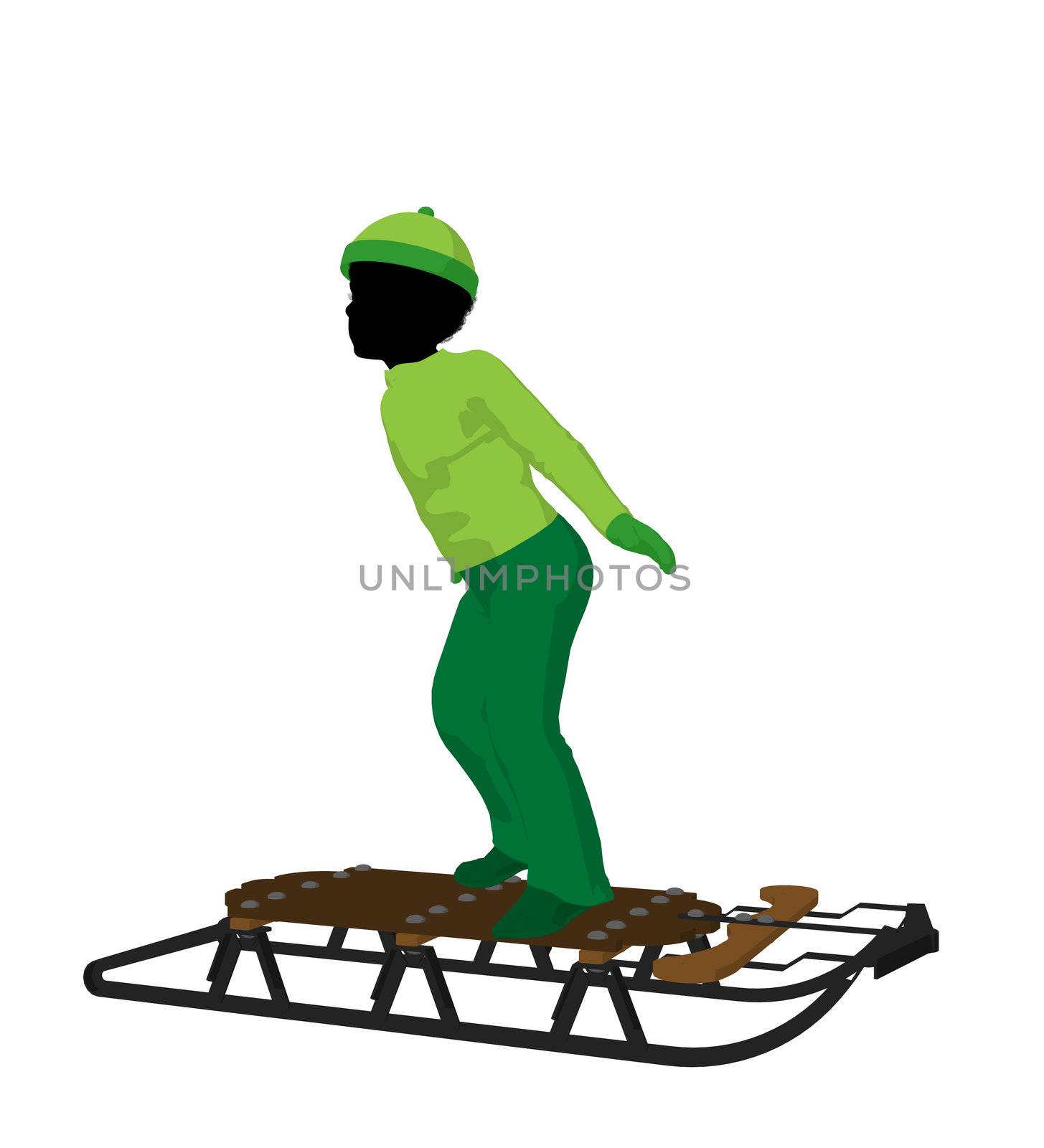 African american boy on a sled silhouette on a white background