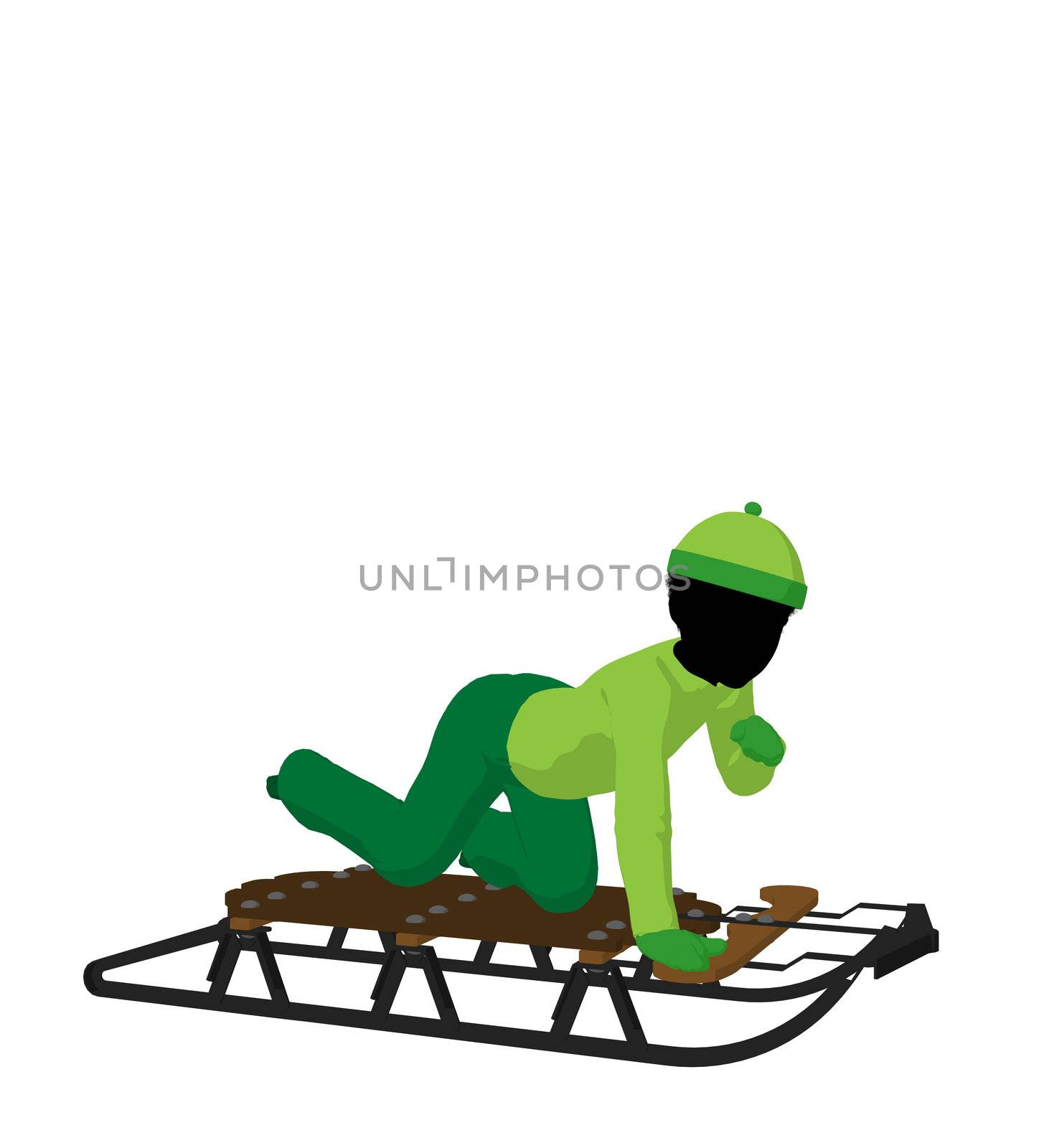 African american boy on a sled silhouette on a white background