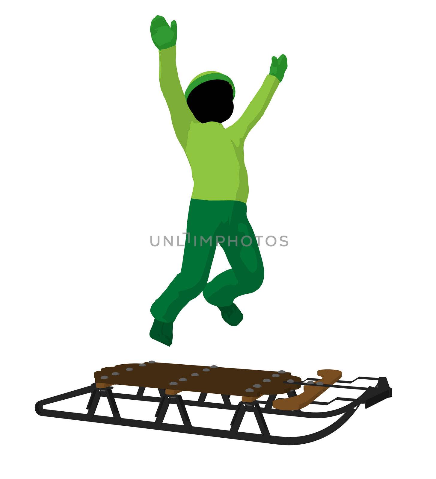 African american boy on a sled silhouette on a white background