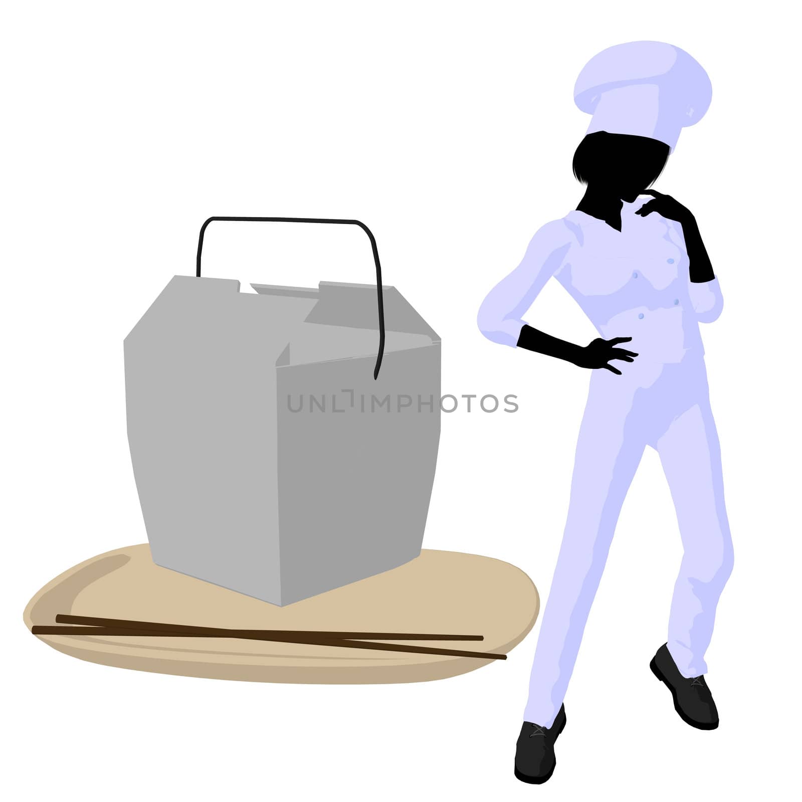 Female chef with a takout food container silhouette on a white background