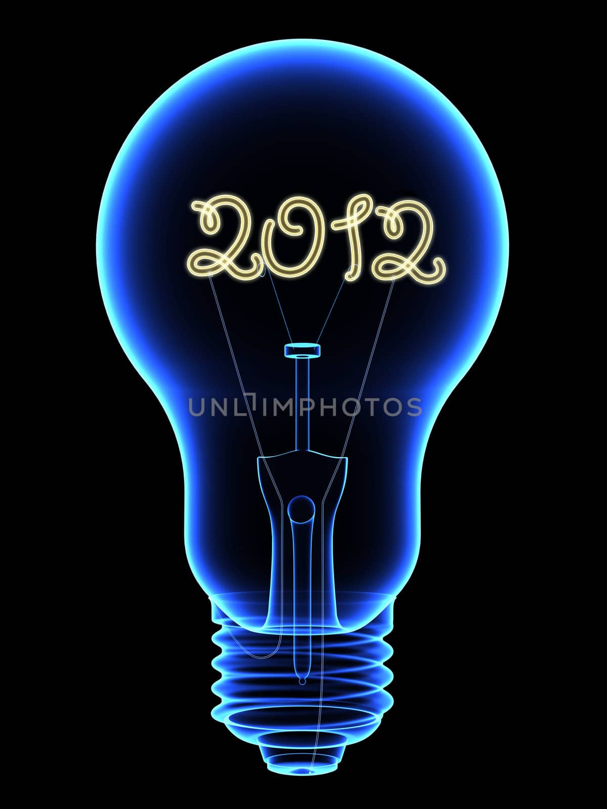 X-Ray lightbulb with sparkling 2012 digits inside isolated on black. High resolution 3D image