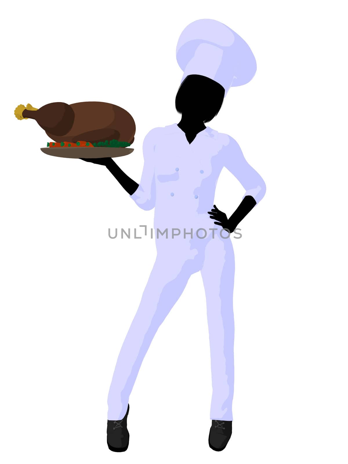 Female chef with a turkey dinner silhouette on a white background