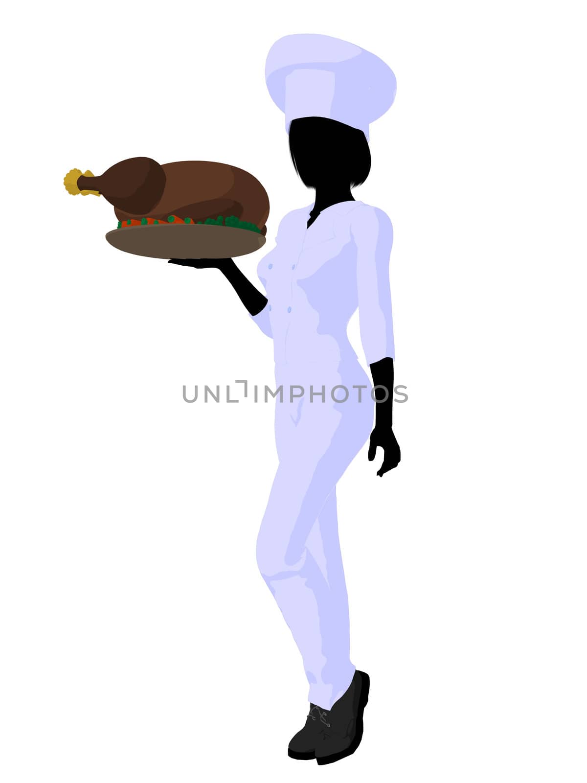 Female chef with a turkey dinner silhouette on a white background